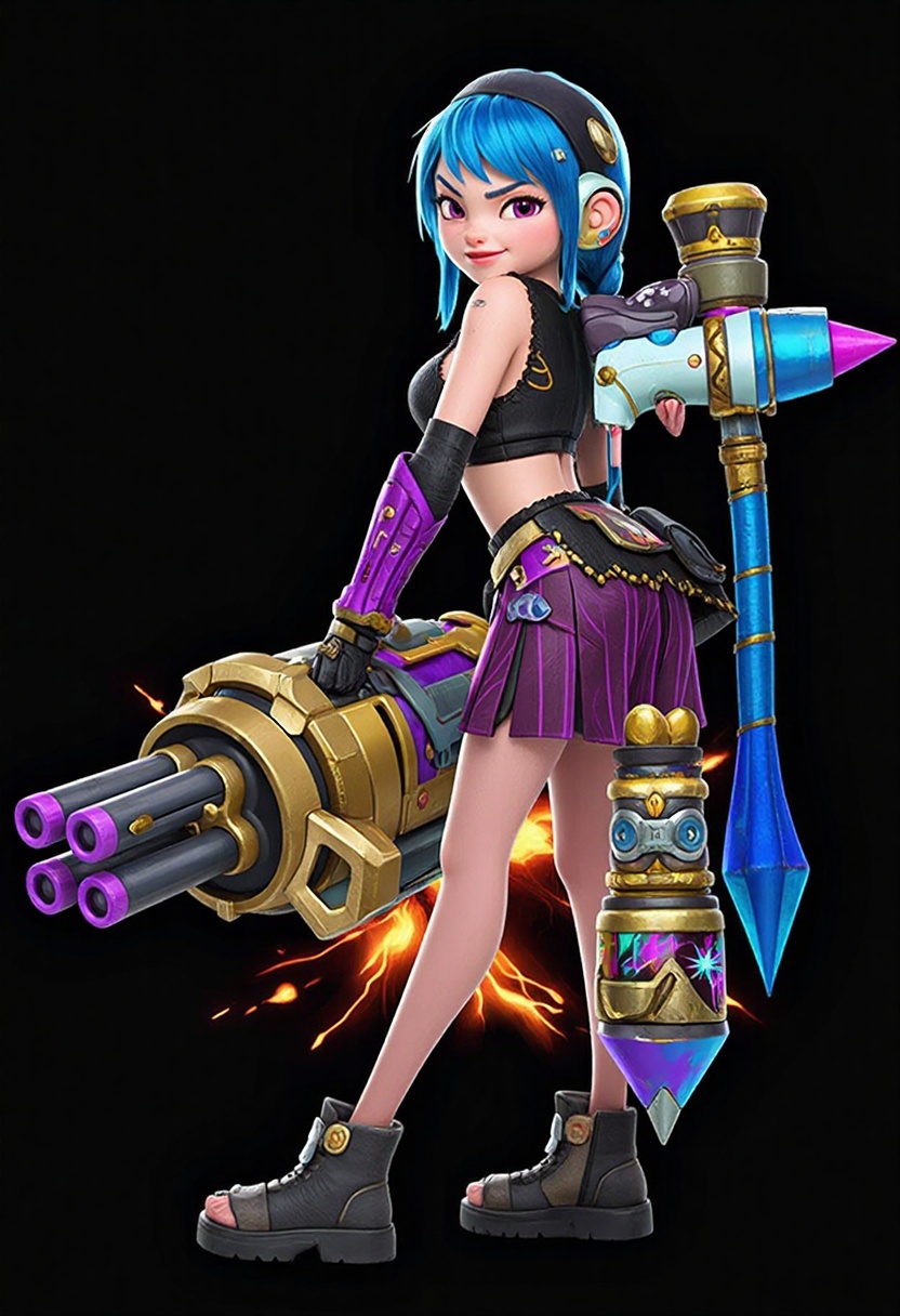 A dynamic and chaotic character in Pixar-inspired 3D style: a mischievous young woman with wild,  vibrant blue hair styled...