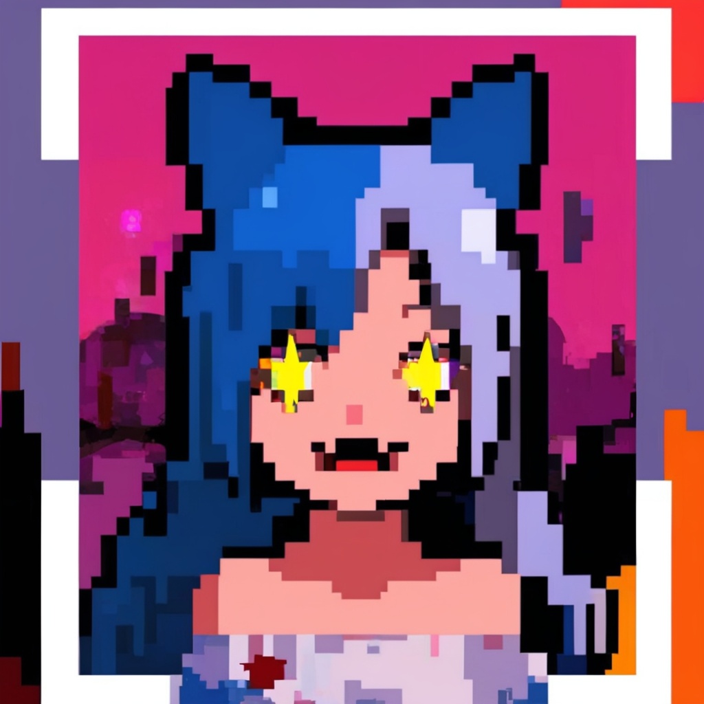 (masterpiece, best quality),((1 girl, (*****) long hair), (star shaped pupils, +_+, Symbol shaped pupils, Bright Eyes), (cat ears, open mouth)),(looking at the audience, faint smile, Off the shoulders),(Abstract, colorful background, Abstract background, Color difference),vampire,There is blood on the face,There are blood stains on the clothes,bat wings, <lora:数字头像sdxl:0.7>