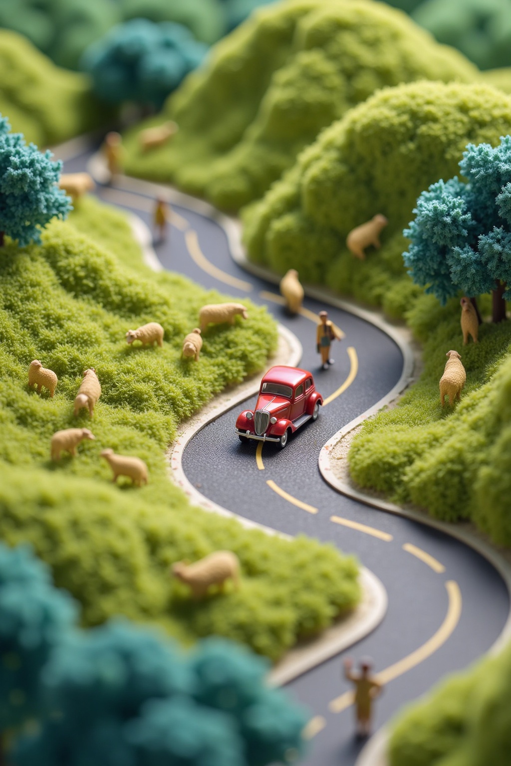 photograph,  detailed miniature model,  red vintage car on winding road on Tensor.Art