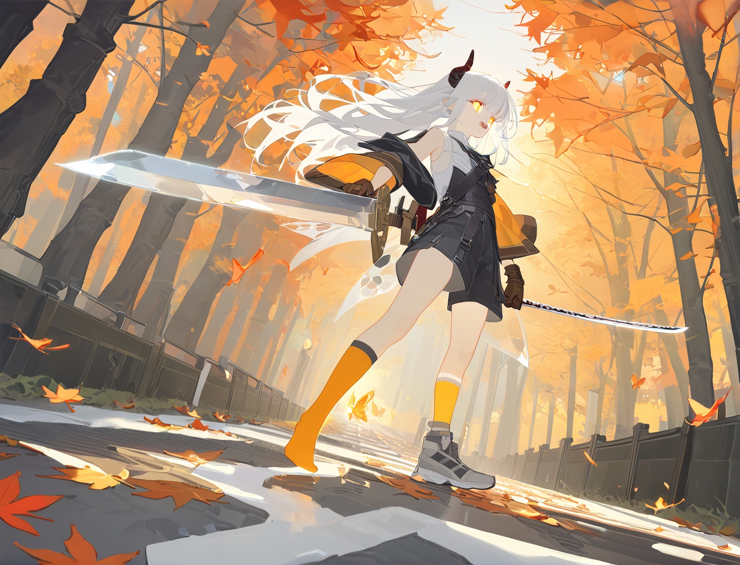 (masterpiece),(best quality),illustration,ultra detailed,hdr,Depth of field,(colorful),artist:wanke,artist:tianliang duohe fangdongye,bright outline,1girl,solo,dragon girl,slit pupils,blue pupils,glowing eyes,horns,long hair,floating hair,white hair,dragon tail,shiny butterfly,glowing butterfly,soft lawn,warm colors,Tyndall effect,Tyndall light,white long shirt,black sleeveless jacket,orange transparent sleeves,transparent Ceiling,fallen leaves,maple leaves,autumn,between two rows of trees there is a road filled with fallen leaves,in the middle of the road there is a beam of light shining on a sword stuck in the ground,sacred,ancient,side shot,wide angle shot,shorts,stepping Foot socks,hanging,transparent,transparent wings,Leather gloves,sharp teeth,clear glass strips,ancient wooden swords engraved with golden runes,foot socks,light gray foot socks,the bottom of the foot socks fades to black,