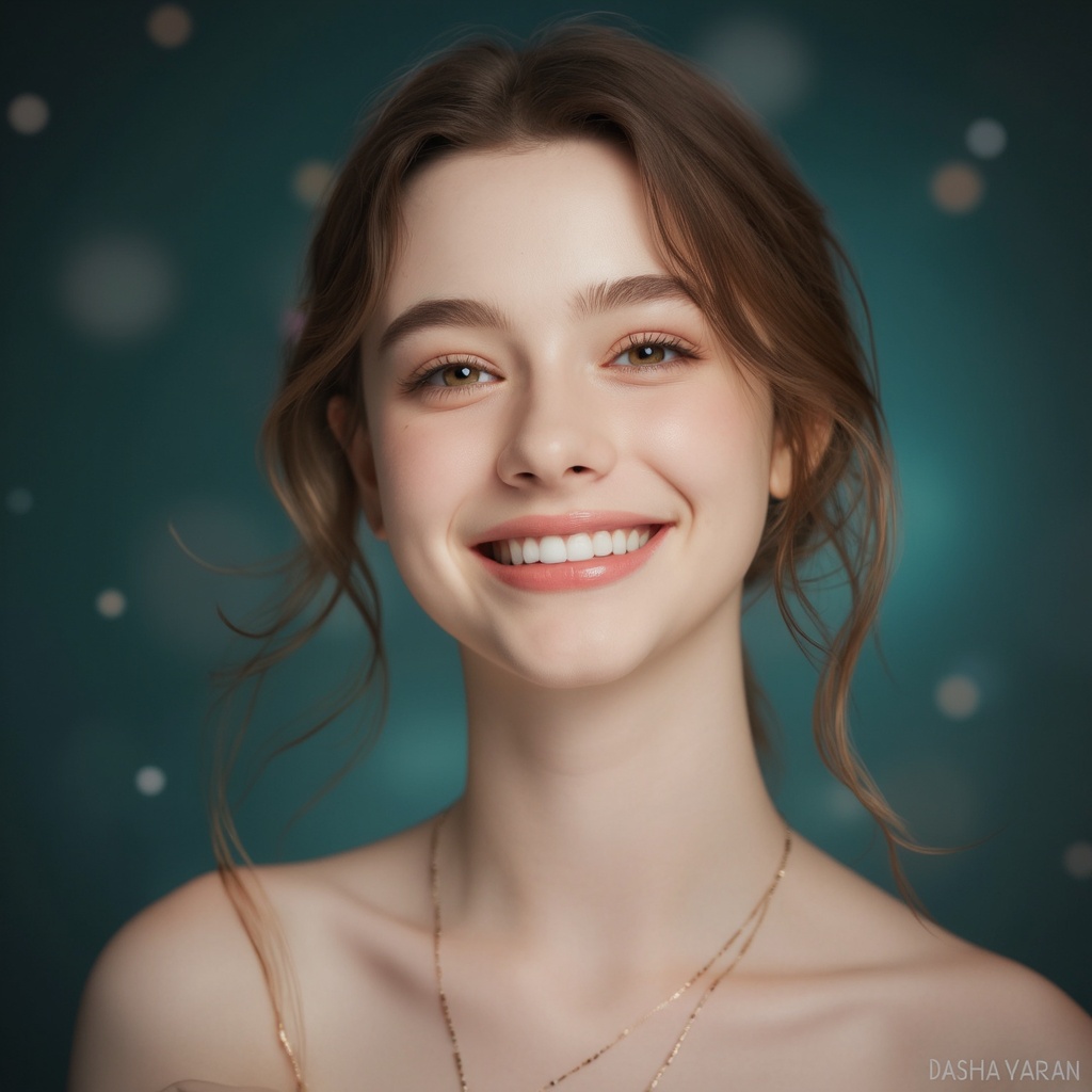 A close-up portrait of dasha_taran with a radiant smile. She has wavy brown hair and wears a delicate necklace. The backgr...
