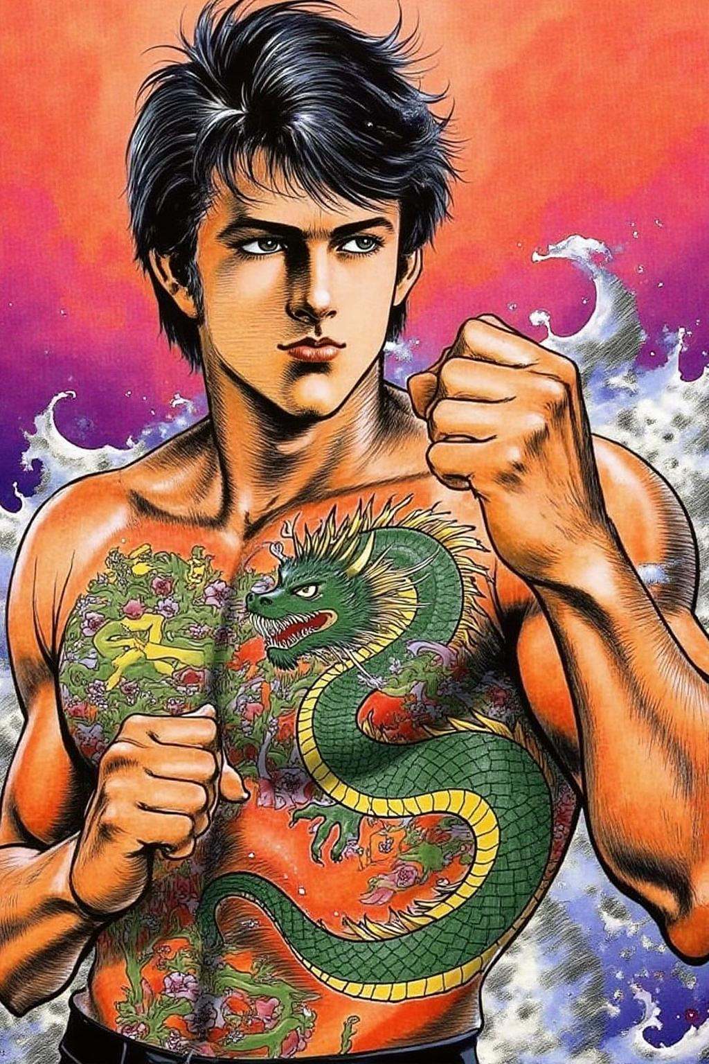 1keryo illustration. a man with short,  dark hair and a strong,  athletic build. He is punching with his fist.He has an co...