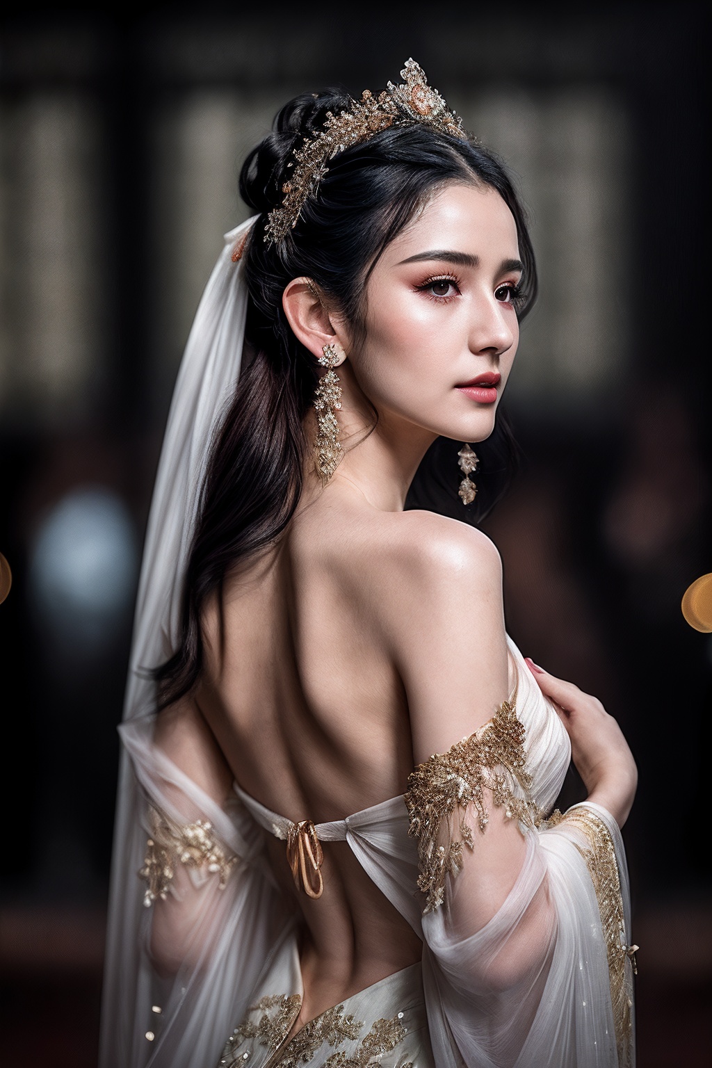 VG09_SoloTI_v1,  (In a flowing gown,  embroidered with delicate thread in floral patterns on Tensor.Art
