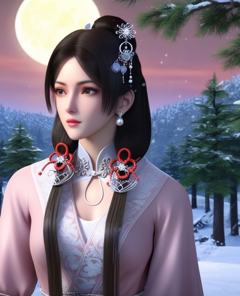 <lora:843-DA-XL-元龙-宋嫣:0.8>, (,1girl, ,best quality, ),,  picture-perfect face,   clean, masterpiece,     cinematic lighting, cinematic bloom, fantasy,  , unreal, science fiction, ((,1girl, pov,))(((,tree, 1girl, full moon,snowing,snow ,solo,     solo focus,  long_hair, looking_at_viewer,  )))  (rich:1.4,)     prestige, luxury, jewelry, diamond, gold, pearl, gem, sapphire, ruby, emerald, intricate detail, delicate pattern, charming, alluring, seductive, erotic, enchanting, hair ornament, necklace, earrings, bracelet, ,(sit),