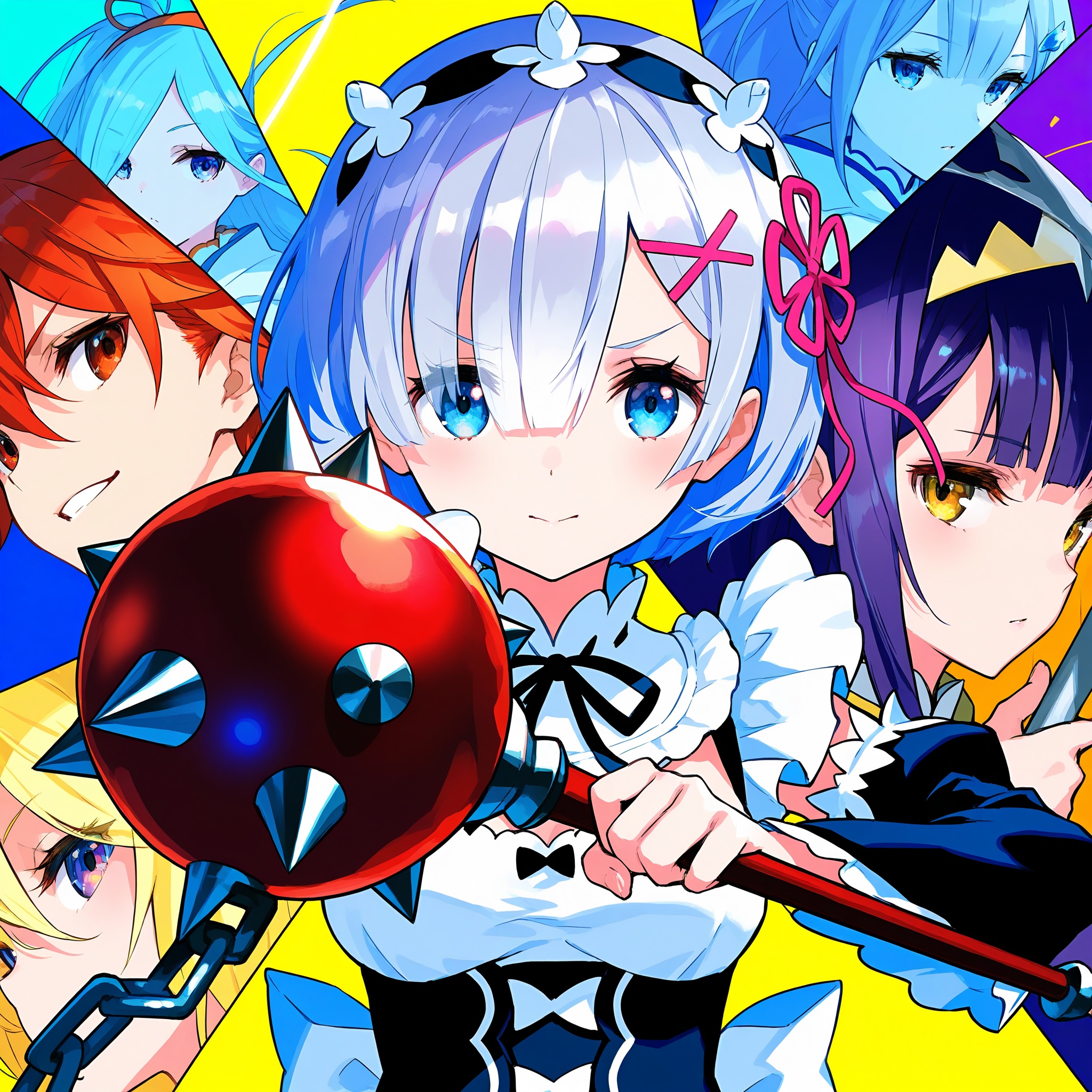 masterpiece, best quality,niji6, Fuzichoco , Huke , Tiv , Mika Pikazo , Lack  , Heikala , redjuice,multiple characters,Upper Body View, Freiren from "Sousou no Frieren", holding a magic staff, long silver hair flowing elegantly, wearing a flowing mage robe with intricate patterns, gentle yet determined expression, glowing magical energy surrounding the staff, contrasting with the serene atmosphere. Beside her, Rem from "Re:Zero - Starting Life in Another World", gripping a spiked flail, short blue hair styled neatly, wearing her maid outfit with a distinctive headband, fierce determination in her eyes, showcasing strength and readiness for battle, dynamic poses, fantasy setting with magical elements