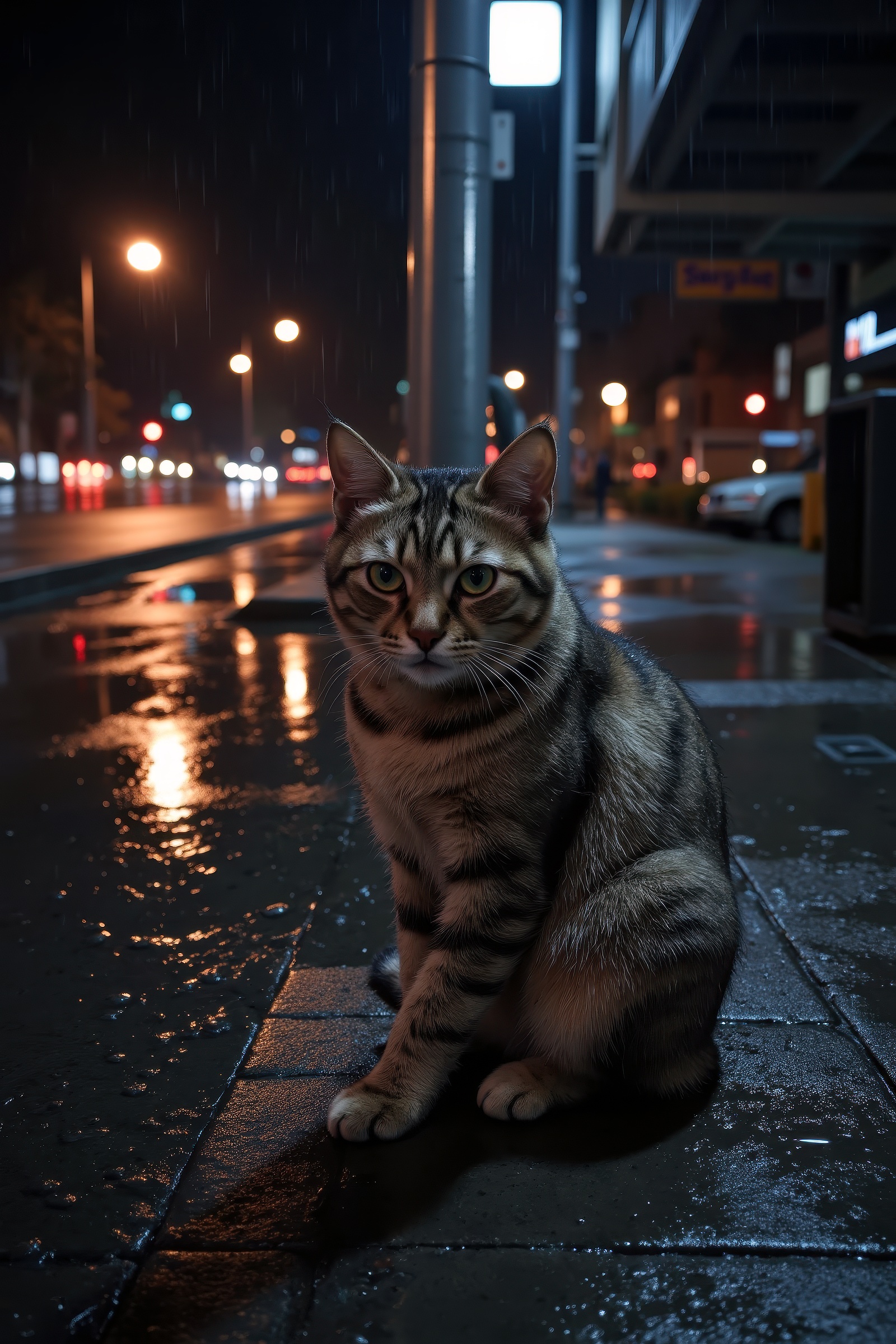 stray cat with soaked fur clinging to its small body sitting alone at a dimly lit street corner,  ultra photo-realistic an...