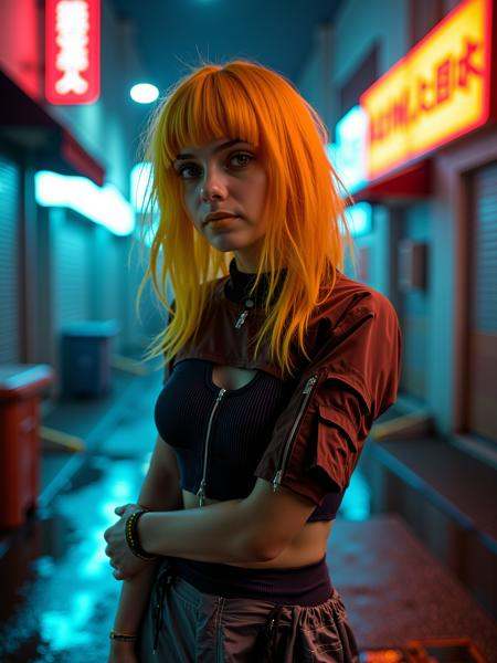 mad-cbrpnkjckt01,  woman wearing croptop and shrugs,  long yellow hair on Tensor.Art