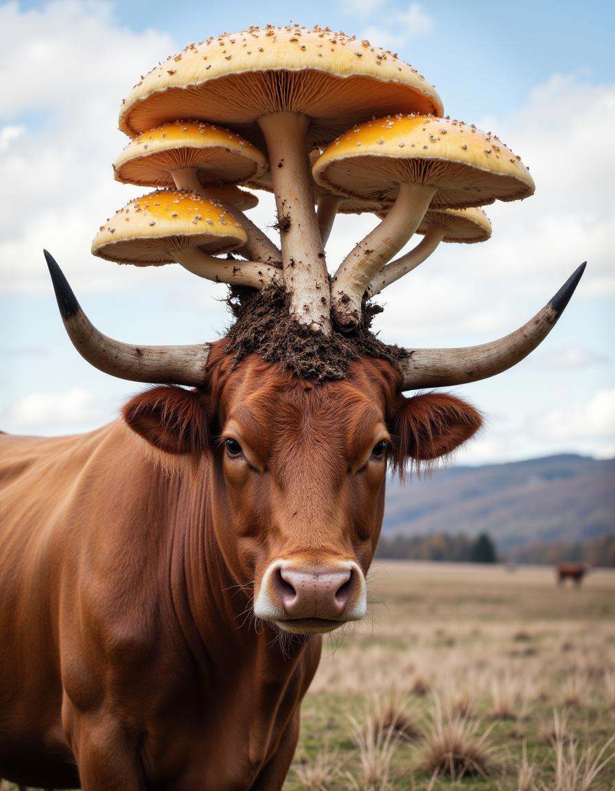 At the bottom of the image is a bull posing for a profile picture. Photoshopped into the top of the image is magic mushroo...