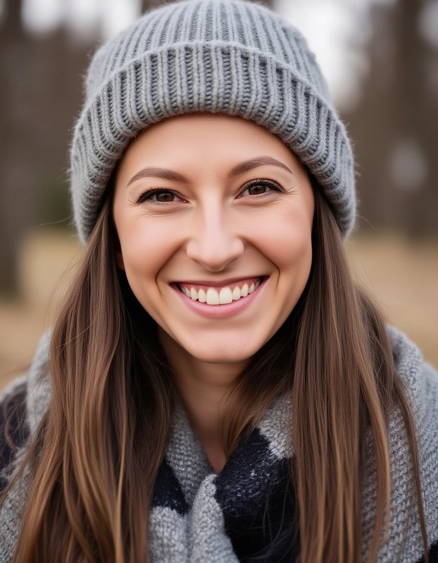 A portrait of a young woman with a joyful expression,  set against a softly blurred,  muted background that suggests an ou...