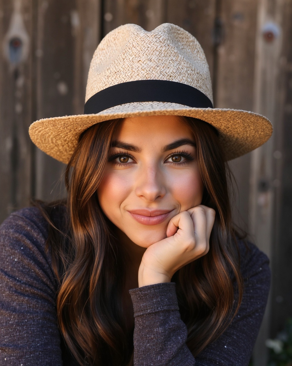 A portrait of daniella_monet captured in a candid moment. She wears a wide-brimmed straw hat with a black band,  and her l...