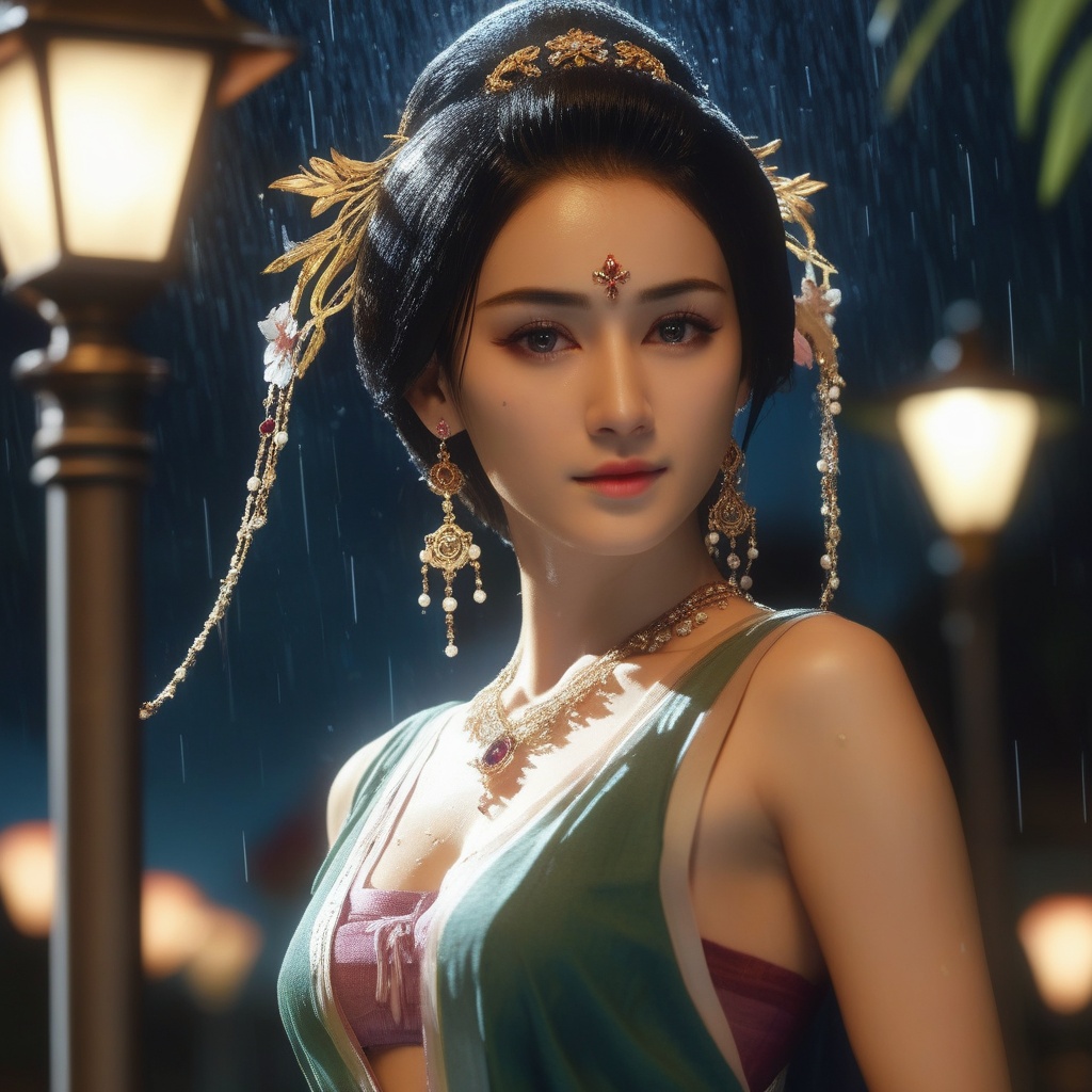 <lora:831-DA-XL-国风E:0.8>, (,1girl, ,best quality, ),, ,ultra detailed 8k cg,            cinematic lighting, cinematic bloom, (( , )),,  , unreal, science fiction,  luxury, jewelry, diamond, pearl, gem, sapphire, ruby, emerald, intricate detail, delicate pattern, charming, alluring, seductive, erotic, enchanting, hair ornament, necklace, earrings, bracelet, armlet,halo,masterpiece, (( , )),,  ,cherry blossoms,(((, night,night sky,lamppost,  ultra high res, (photorealistic:1.4), raw photo, 1girl, , rain, sweat, ,wet, )))(( , ))   (cleavage),spread legs,