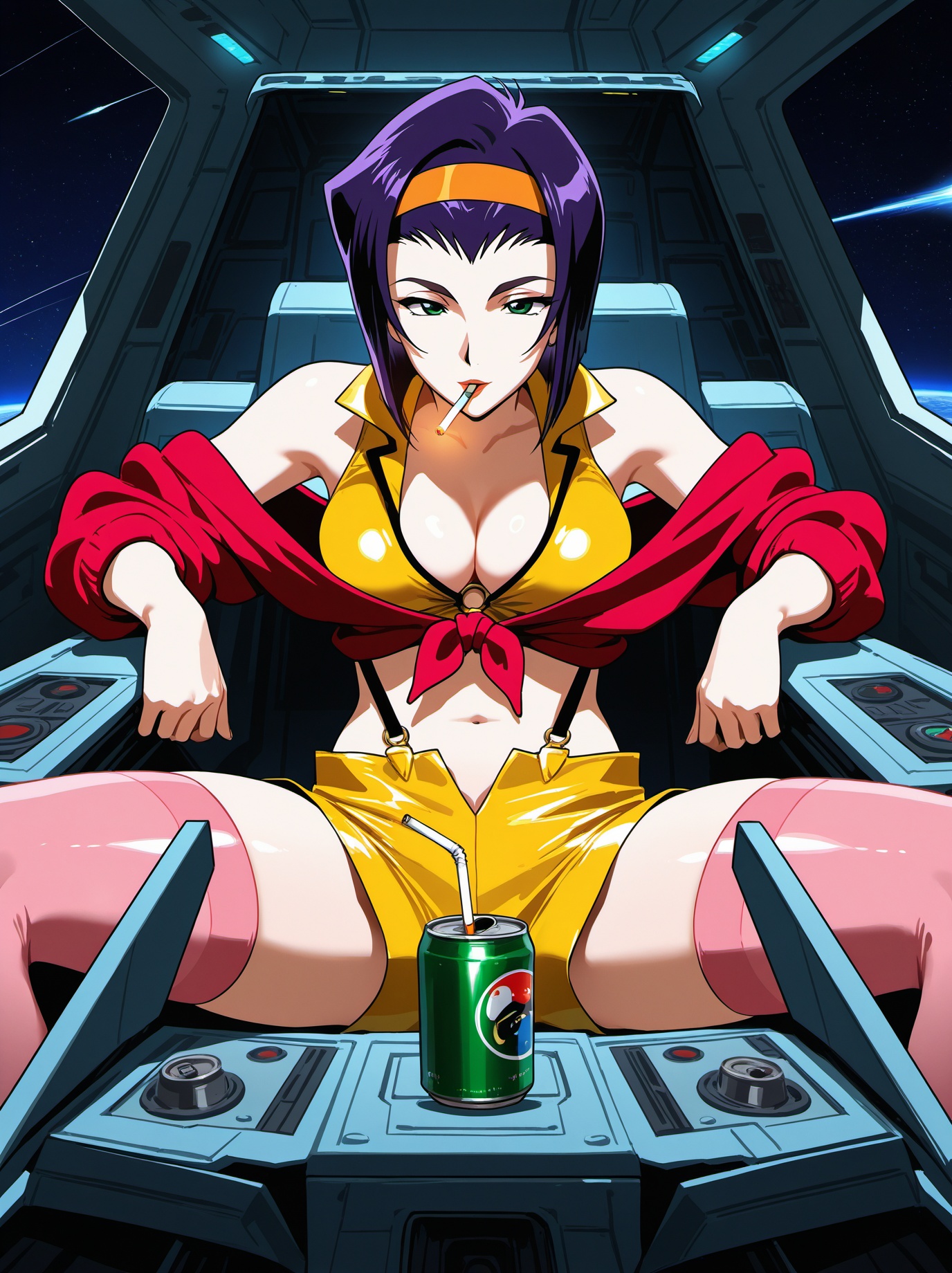cowboy bebop,  faye valentine,  1girl bob_cut breasts can cardigan cigarette cleavage cockpit drink_can drinking_straw fro...