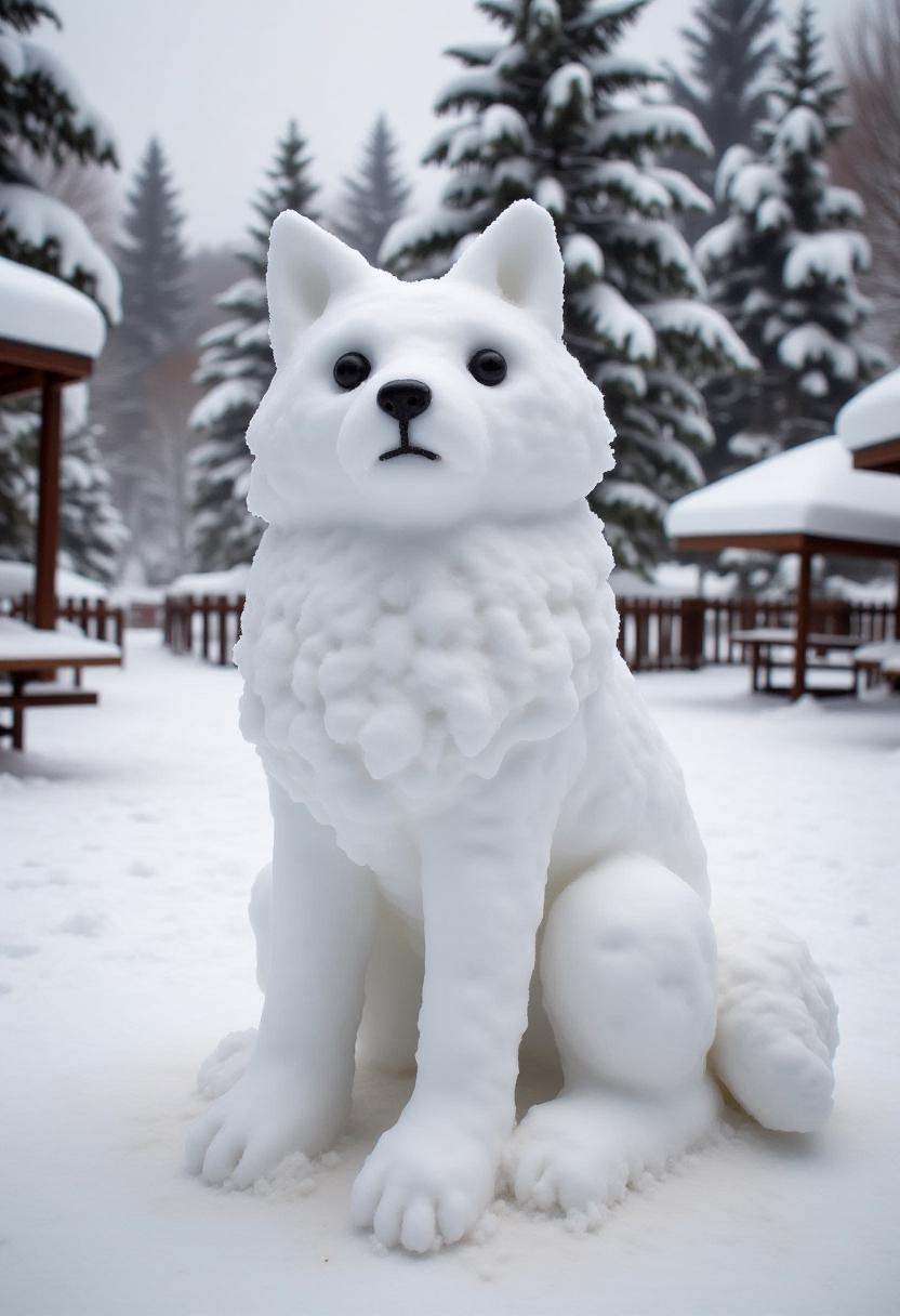 Realistic photograph of a wolf snow sculpture,  crafted entirely from snow. The snow sculpture's texture is uneven,  with...