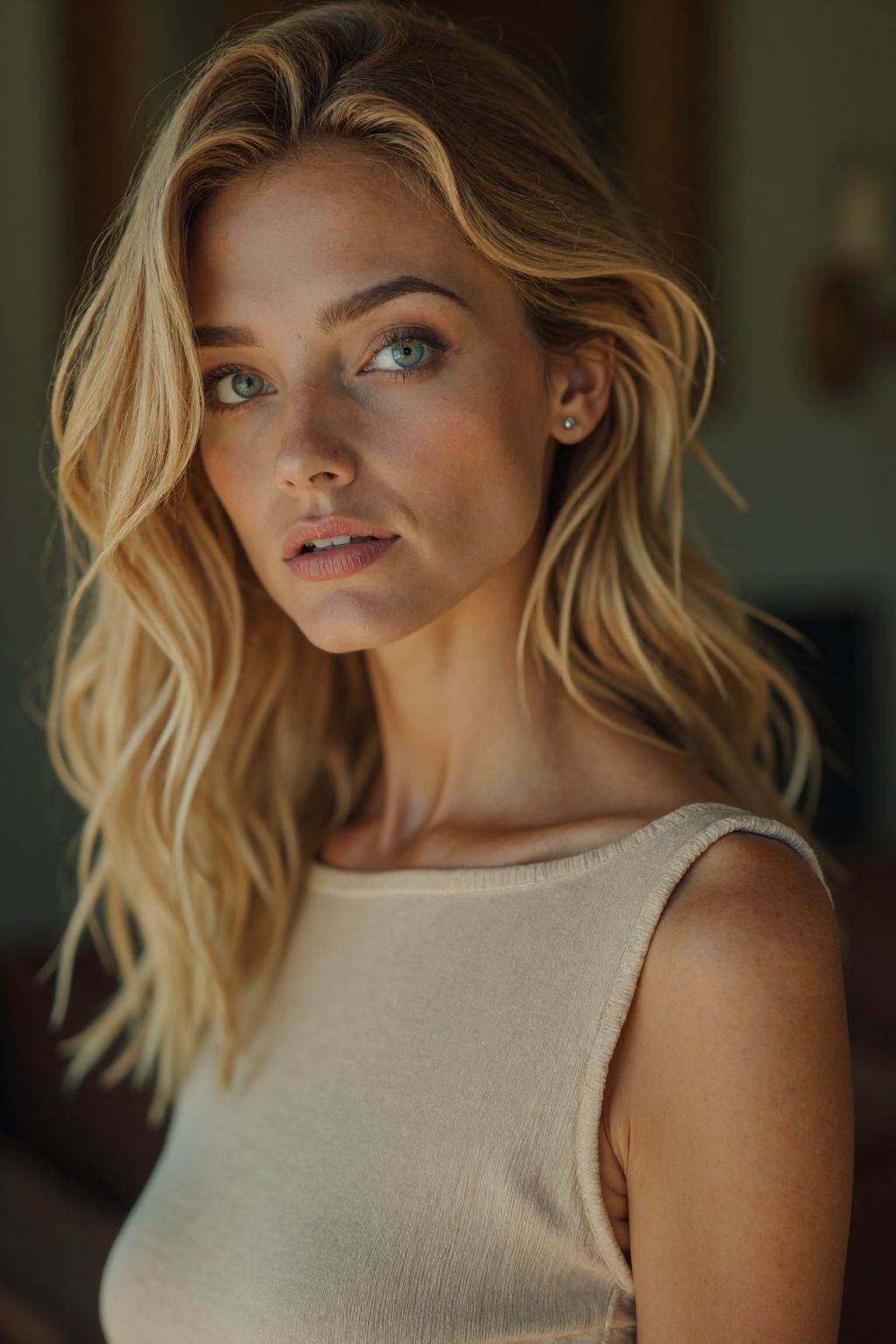 HDR photo of cinematic film still,  This is a beautiful photograph of a woman,  blonde hair cascading over her shoulders....