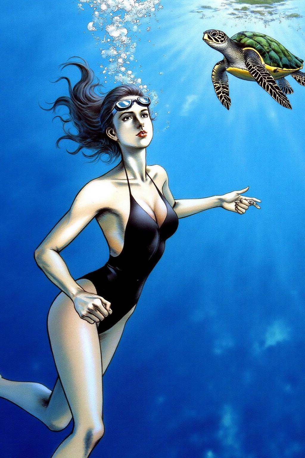 1keryo illustration. a woman swimming underwater. The woman is wearing a one piece swimsuit,  and she is wearing goggles o...