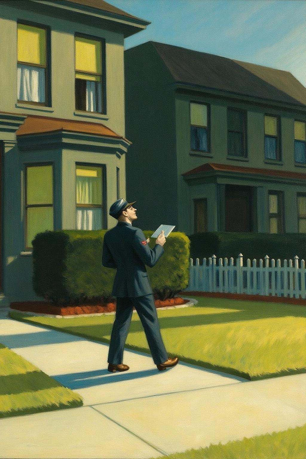 edwardhopper1 painting. A postman delivering letters to a suburban home,  his uniform crisp and neat. The front yard is me...