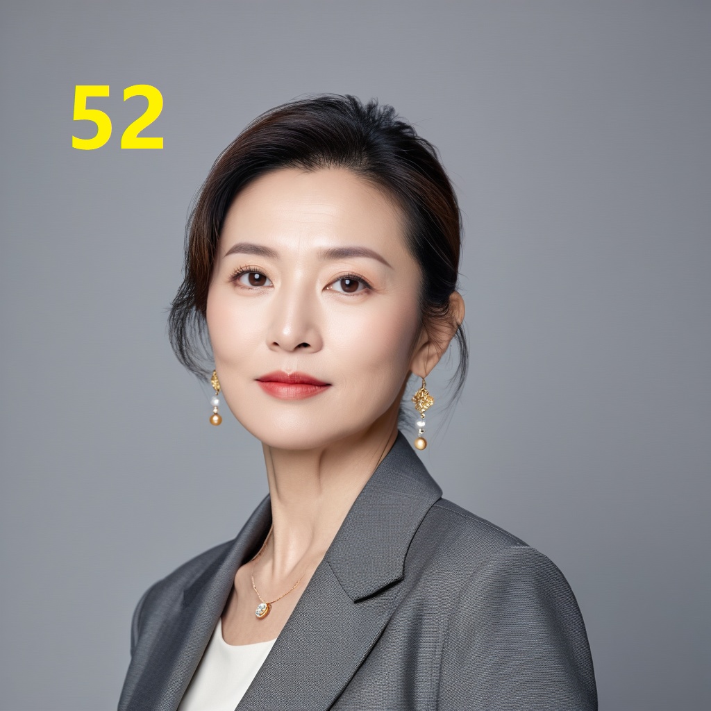 leogirl,A 52-year-old woman,portrait photo,facial focus,photo taken,fashionable and simple,Chinese ethnicity,soft gray background,natural lighting,high-resolution clarity,contemporary portrait,gentle,fashionable and avant-garde,simple accessories,details with strong contrast between skin color and neutral background,looking at the audience,