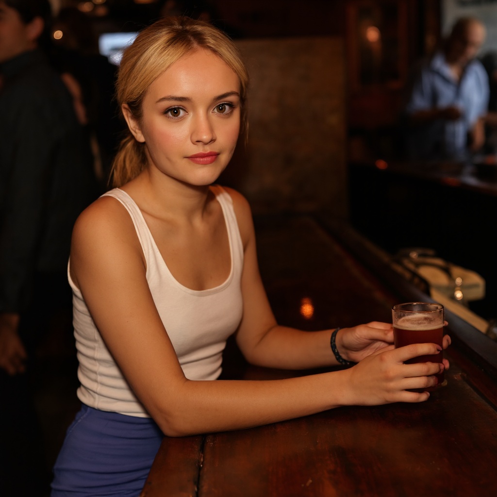 A portrait of olivia_cooke seated at a bar,  holding a glass of beer. She wears a white **** top and a blue skirt. Her blo...