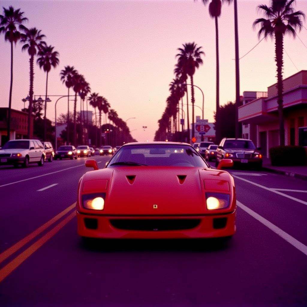 an expired film photograph of a ferrari f40 on sunset strip,  purple and orange hues on Tensor.Art