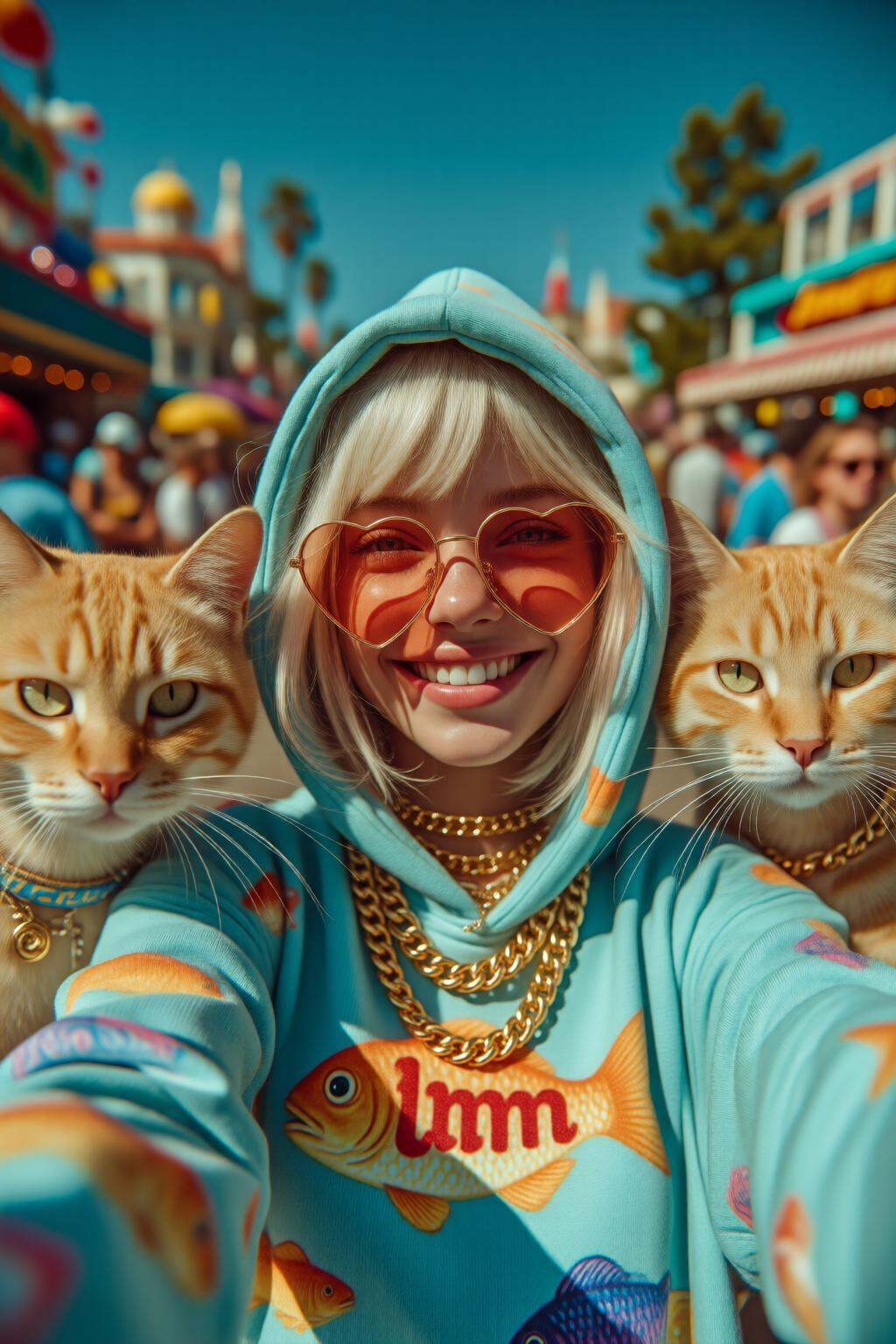 midjourneymix10q photographClose-up selfie of a blonde American girl is wearing a hoodie with a playful design of orange f...