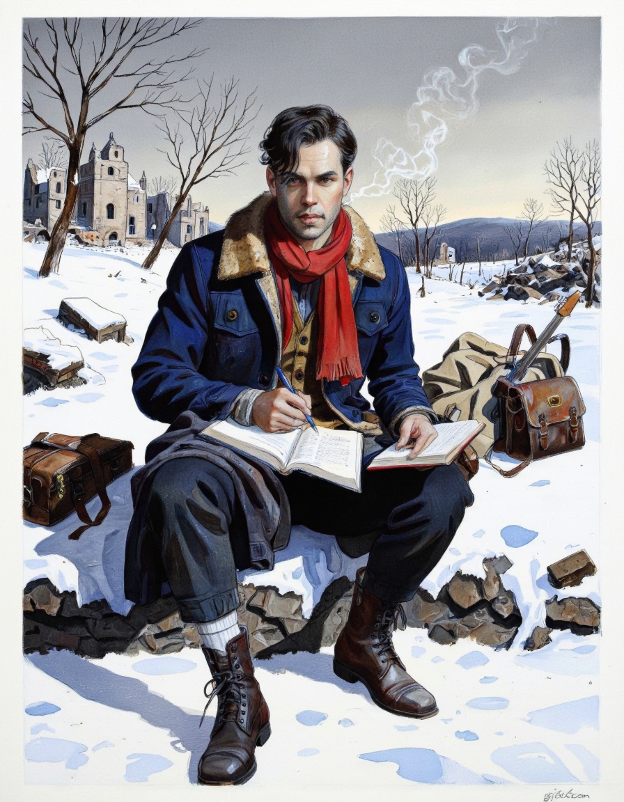 By Jean-Pierre Gibrat. A realistic digital illustration shoot from the side about a man sitting in a snowy environment,  w...