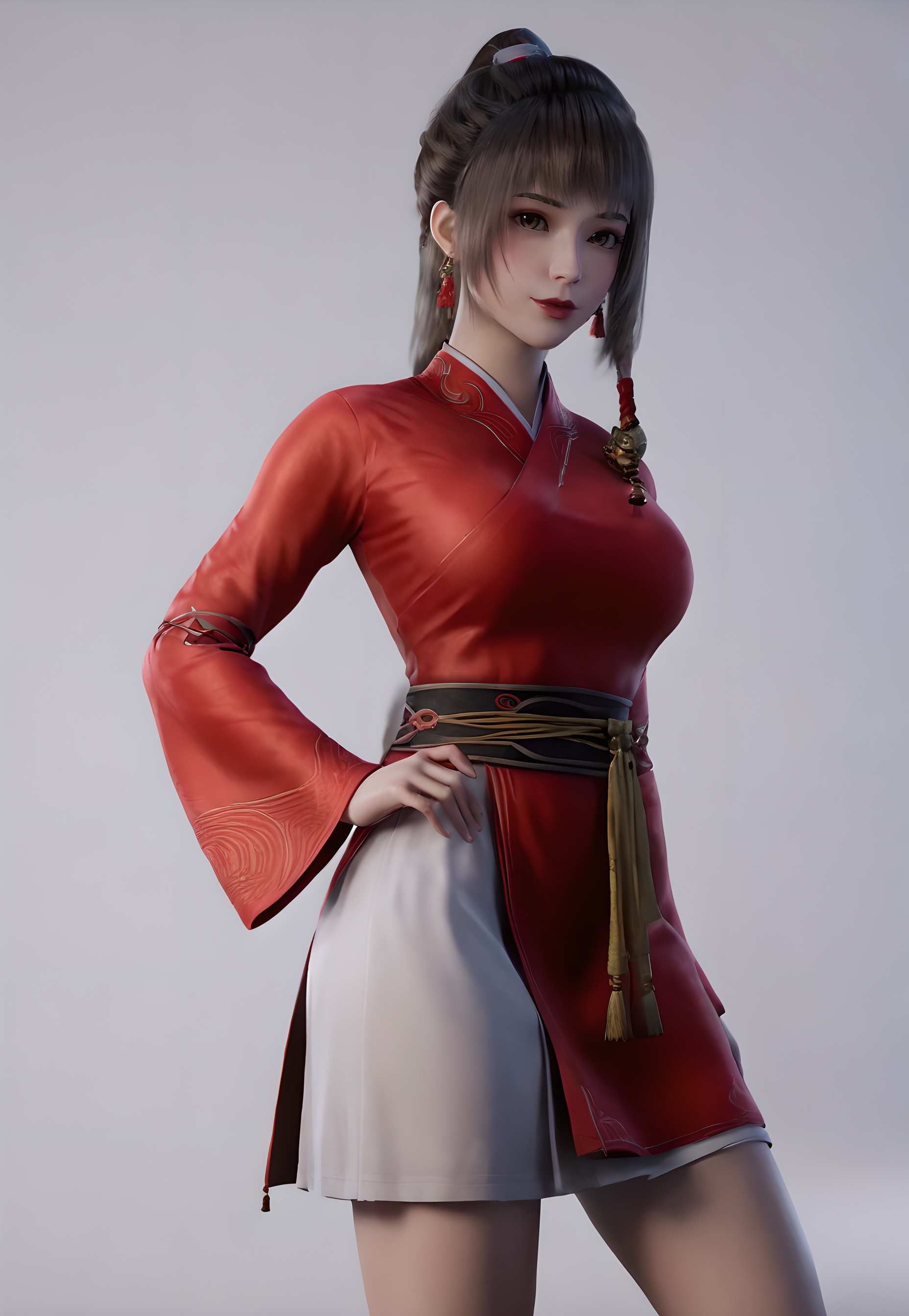 score_9,score_8_up,score_7_up,<lora:SF_FangXiaoLin_Pony-000002:0.7>,1girl,solo,standing,red chinese clothes,short  skirt,long sleeves,breasts,large breasts,red lips,jewelry,hair ornament,earring,looking at viewer,white background,