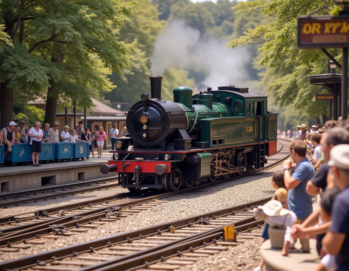 A vintage steam train,  dark black and rusty-red,  steaming on Tensor.Art