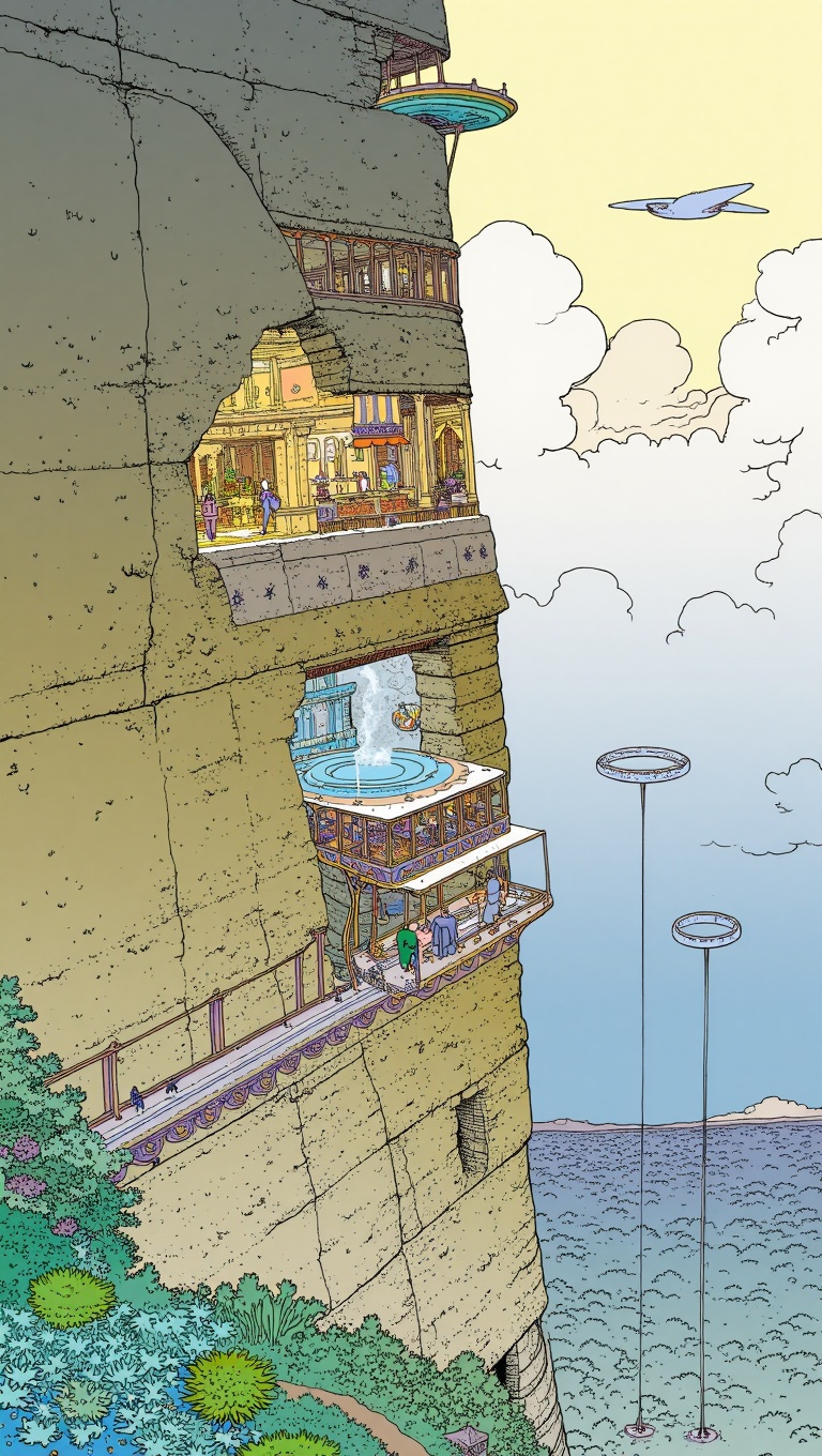 cartoon moebius illustration in mb artstyle showing a towering vertical cliff-city carved into a massive rock spire that s...
