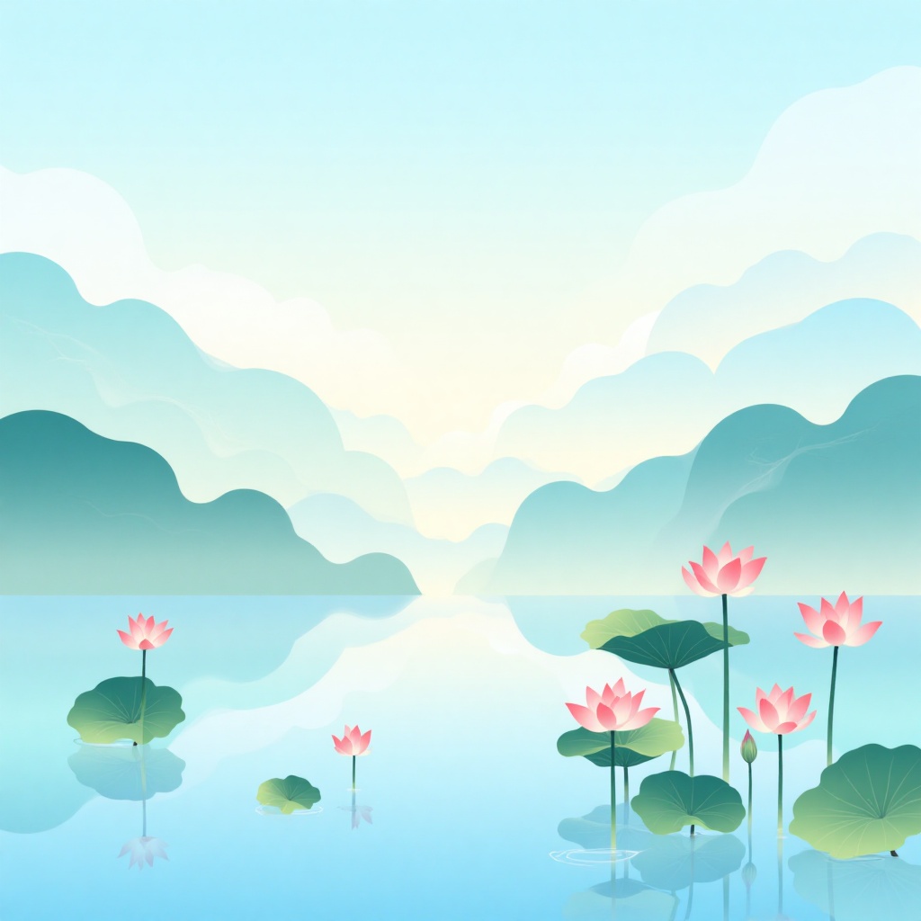 an artistic flat gradient illustration of a tranquil lotus pond at dawn,  blooming pink lotus flowers scattered gently acr...