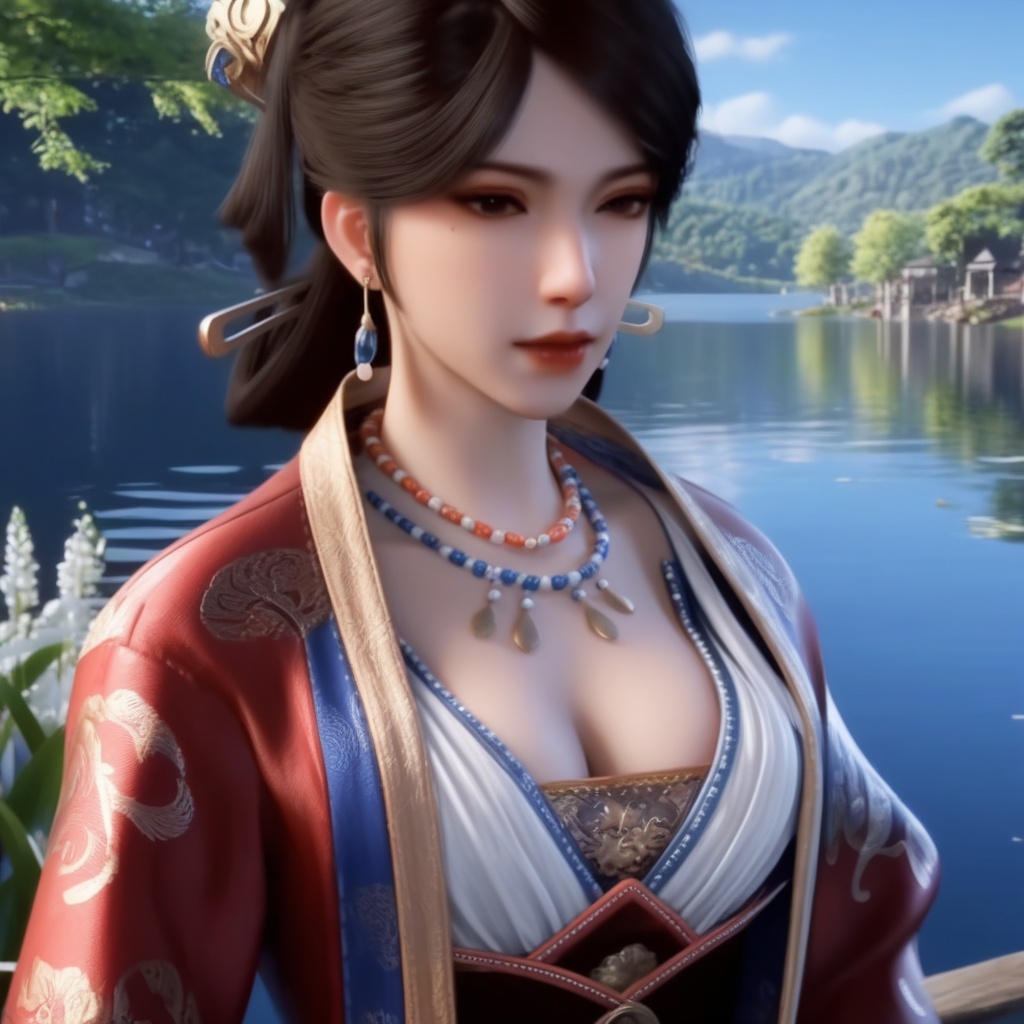 <lora:839-DA-XL-少年白马醉春风-温珞玉:0.8>, (,1girl, ,best quality, ),,  ,ultra detailed 8k cg,   ,masterpiece, (( , )) , lake,upper body,   (cleavage),,  (),