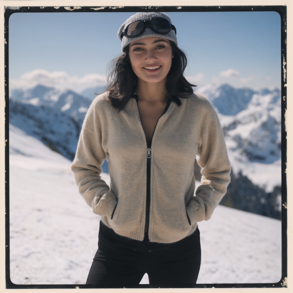 A polaroid photograph captures ella_purnell standing on a snowy mountain slope. She wears a beige sweater with a black zip...