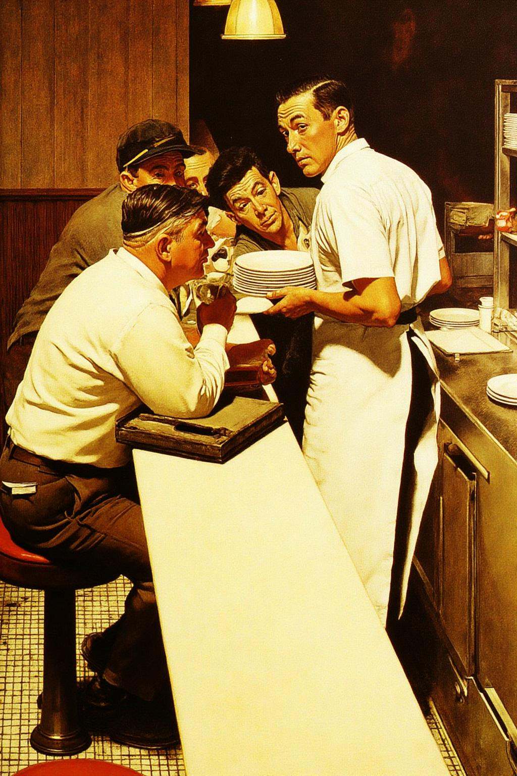 normanrockwell1 painting.Overhead view of four men inside a diner.On the left,  three seated men are looking at the man st...