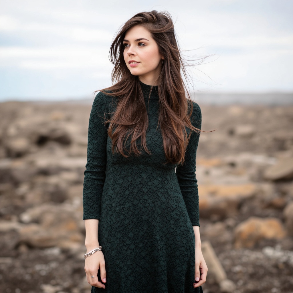 A portrait of elise_trouw standing outdoors. She wears a dark green, textured dress with a high neckline and long sleeves. Her long, brown hair flows down her back, and she wears a silver bracelet on her left wrist. The background shows a vast landscape with rocky terrain and a clear sky. The image style is candid and natural, capturing a moment of contemplation.