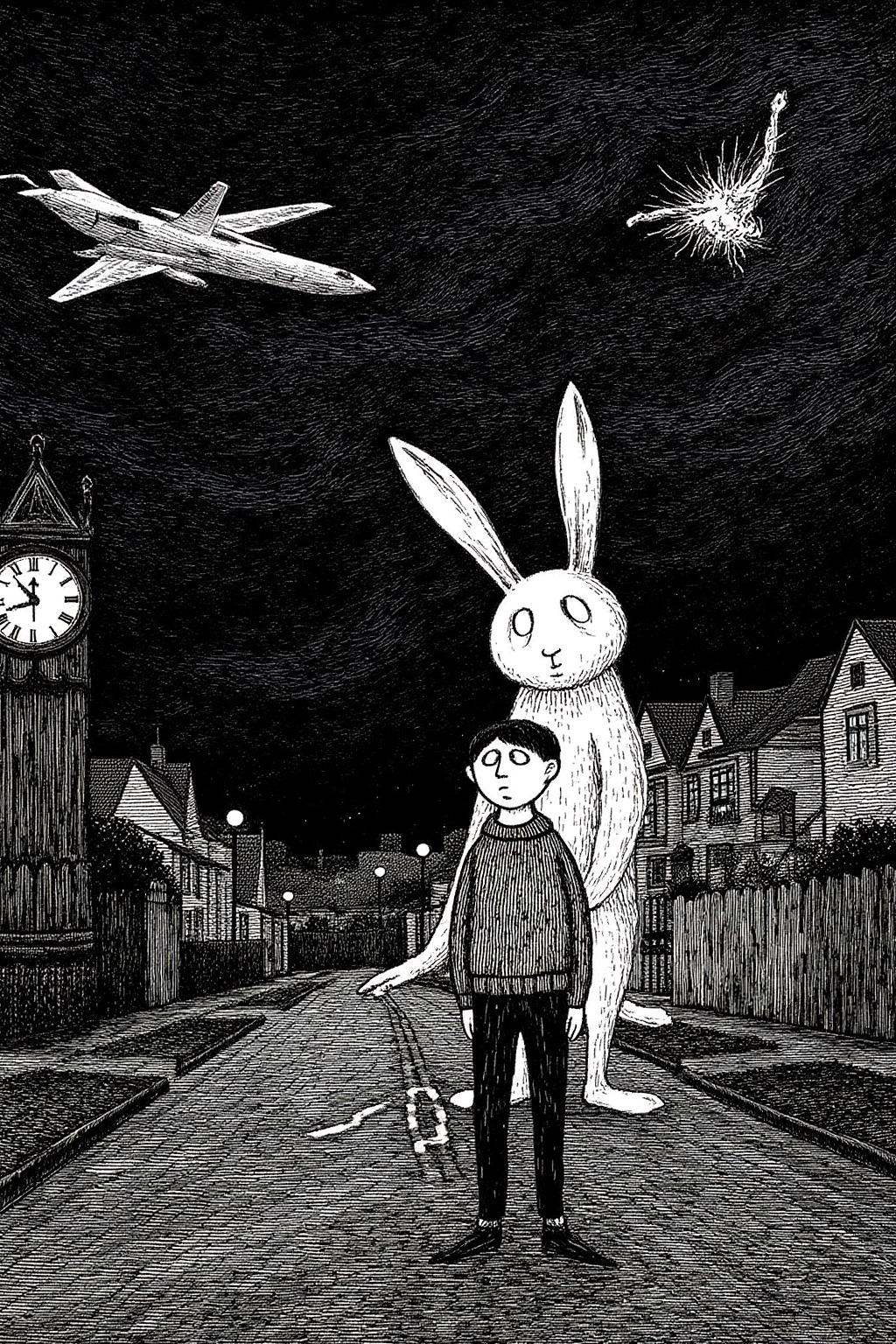 edwardgorey1 illustration.A young man stands under a stormy sky,  looking disturbed,  with a ghostly giant rabbit looming...