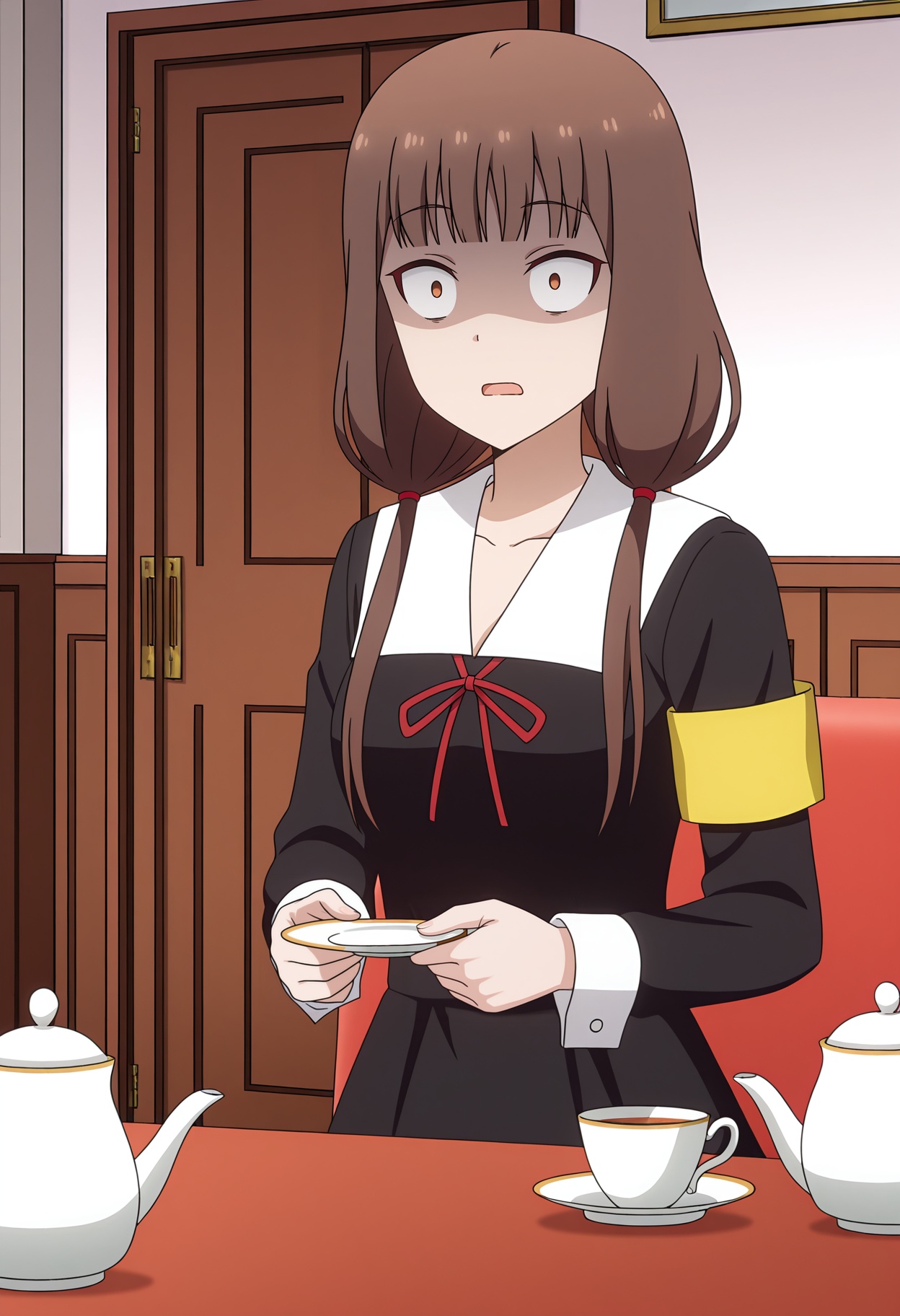 <lora:Iino Miko_illustrious-000010:1>,Iino Miko, school uniform, solo, dress, constricted pupils, black dress, long sleeves, red ribbon, armband, indoors, ribbon, open mouth, shaded face, collarbone, sanpaku, wide-eyed, neck ribbon, teapot, teacup, looking at viewer, anime screencap