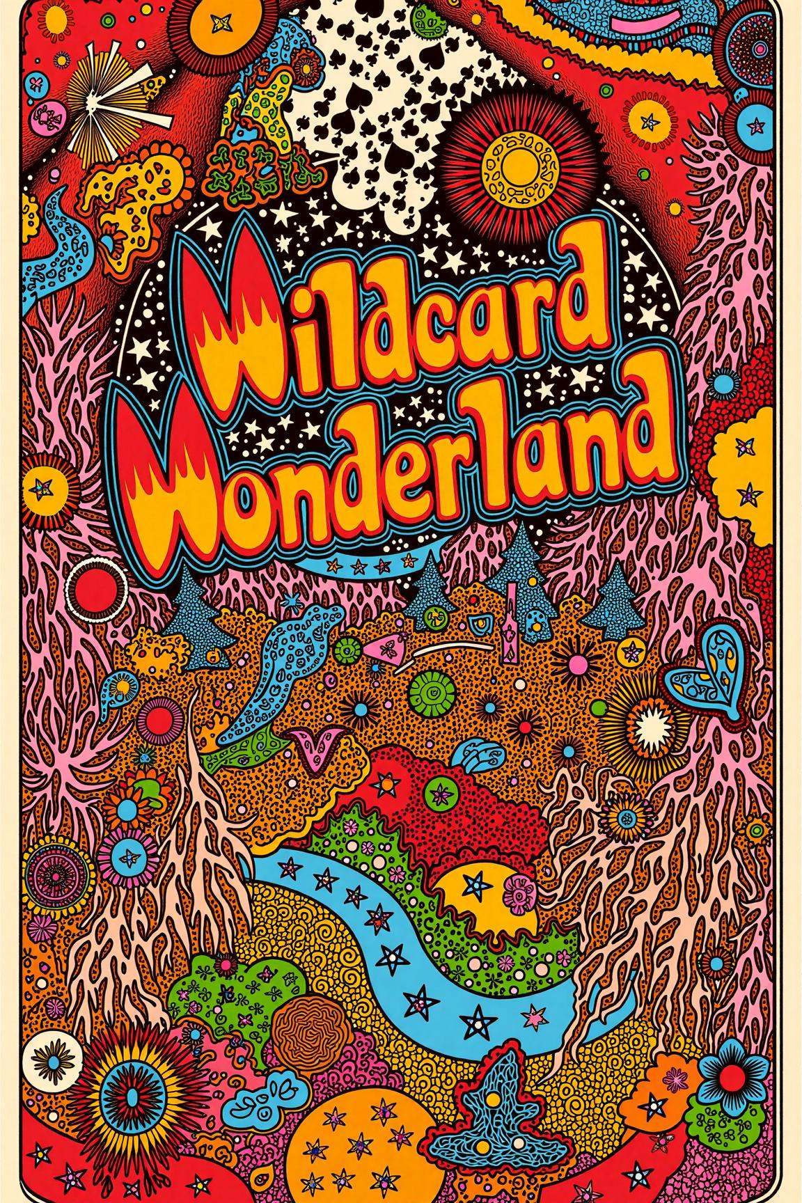 psypop,  70s psychedelic style poster of a "Wildcard Wonderland" psychedelic 1970s pop art poster,  whimsical wildcards da...