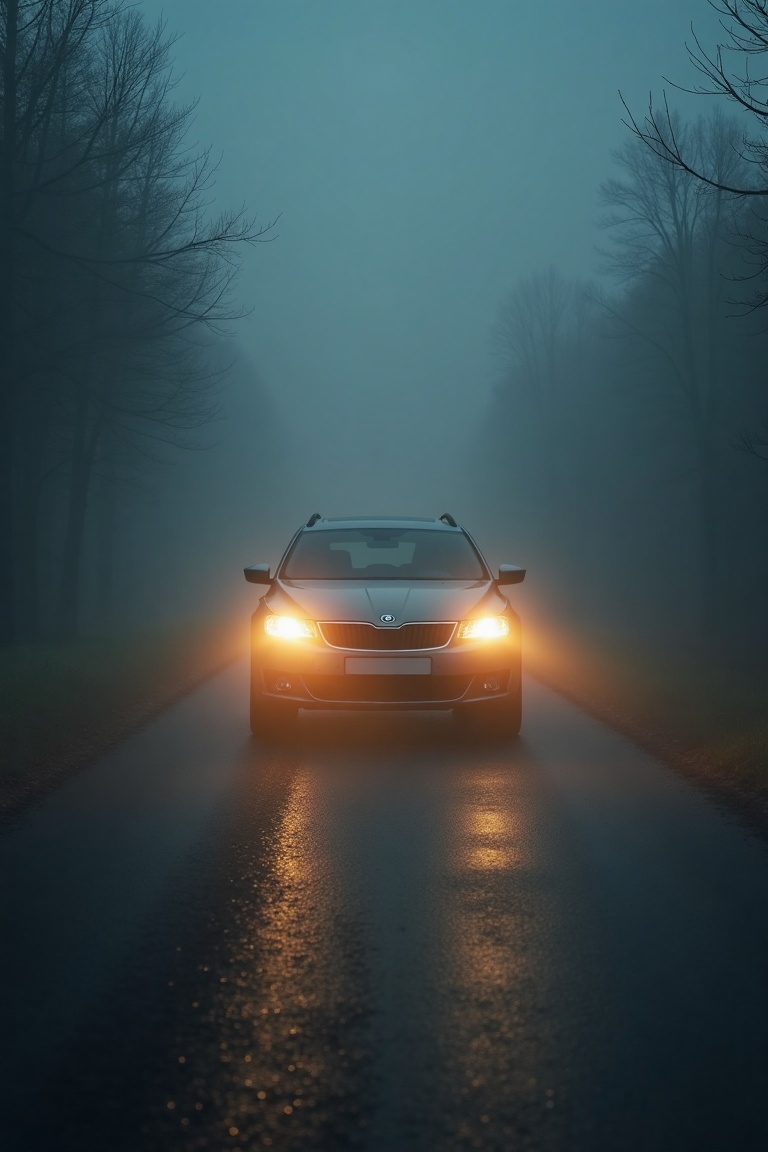 cinematicmain,  mist,  a car approaching with headlights on on Tensor.Art