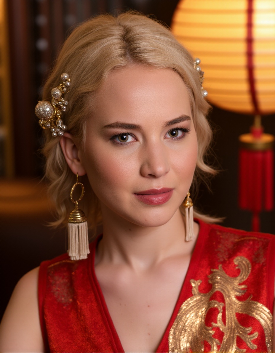 The image is a photograph of a woman with an elegant and refined appearance. She has a fair complexion and is of Caucasus...