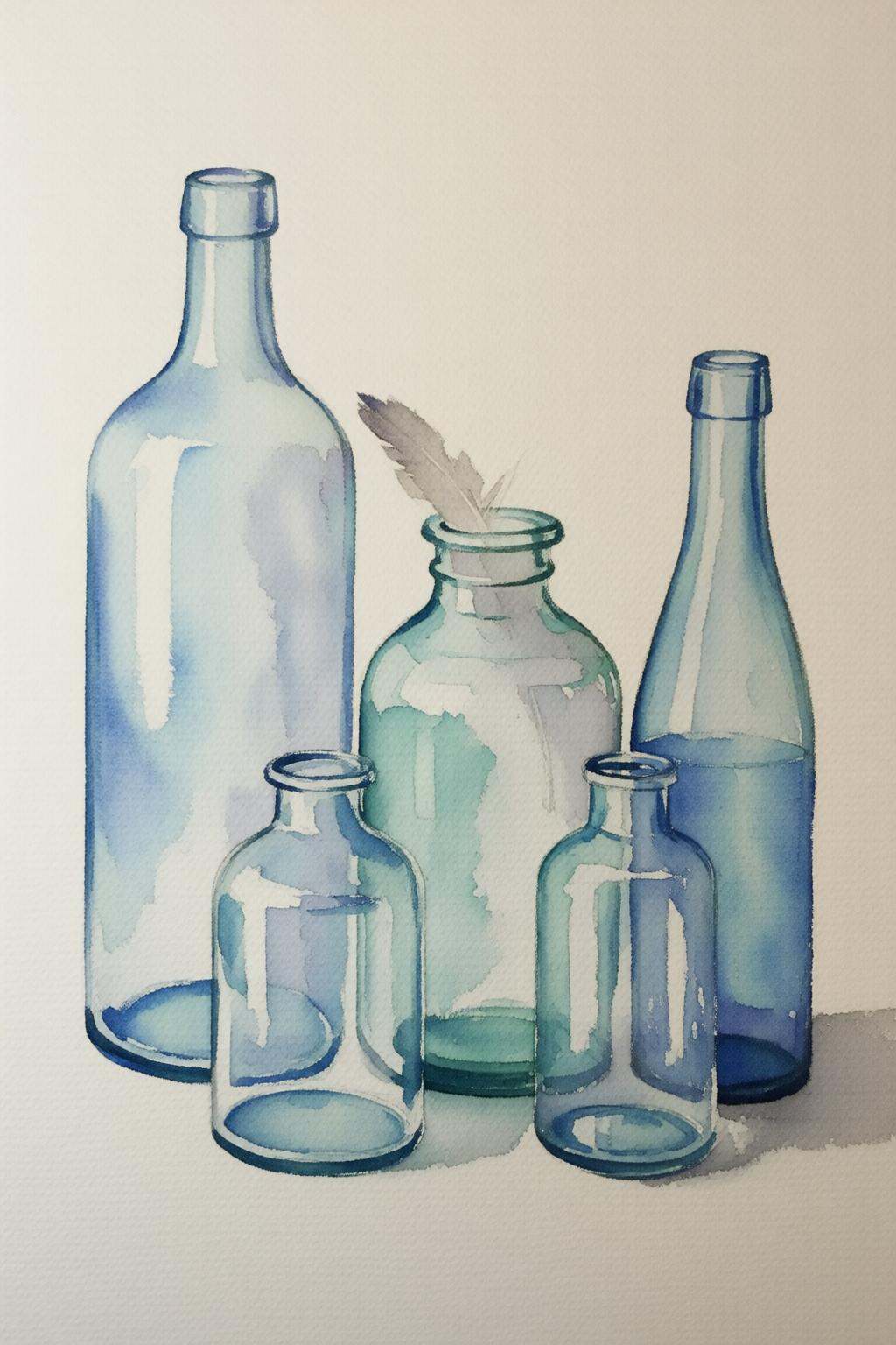 watercolorbasic2q watercolor painting.Five glass bottles and one glass jar,  arranged on a plain,  white background. The b...