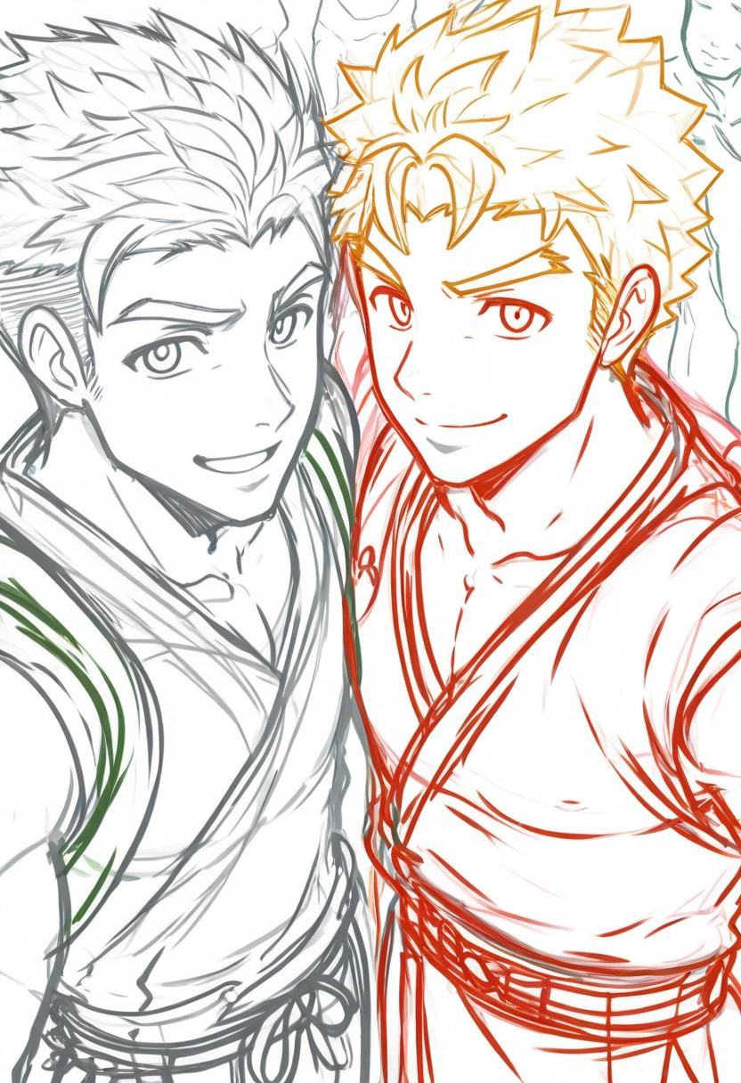 Anime,  three males,  MazBlaZamMik rough unfinished sketch style on Tensor.Art
