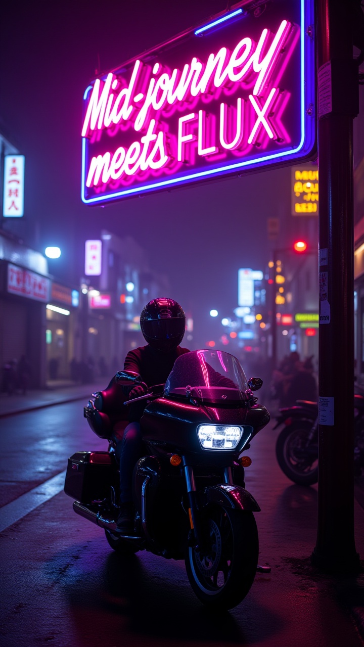 Epic neon sign with Text:"Midjourney meets FLUX",  photograph,  attractive Motorcycle on Tensor.Art