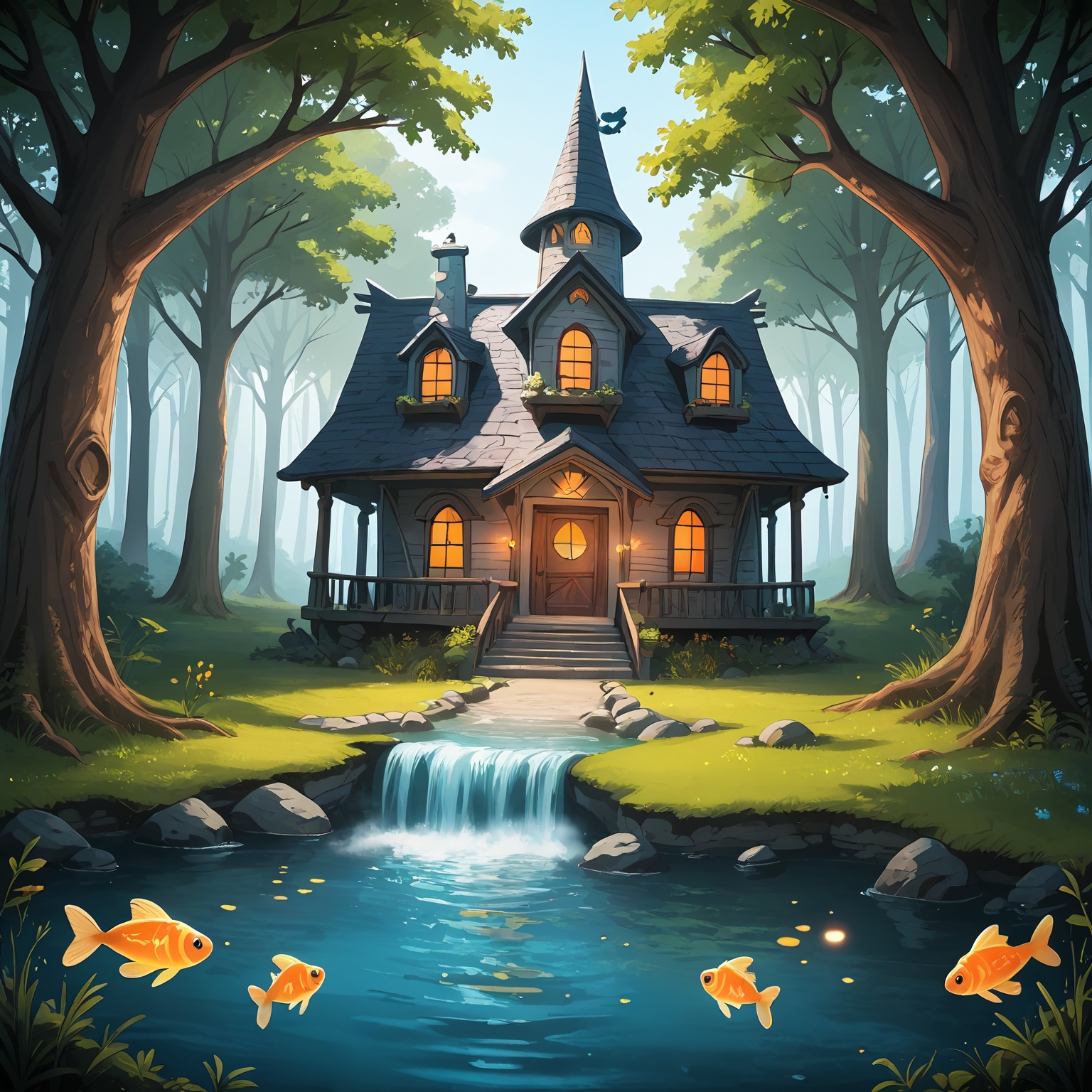 cinematic photo . cute multi-story witch's house on a plateau,  surrounded by a magical river. magic is in the air,  glowi...
