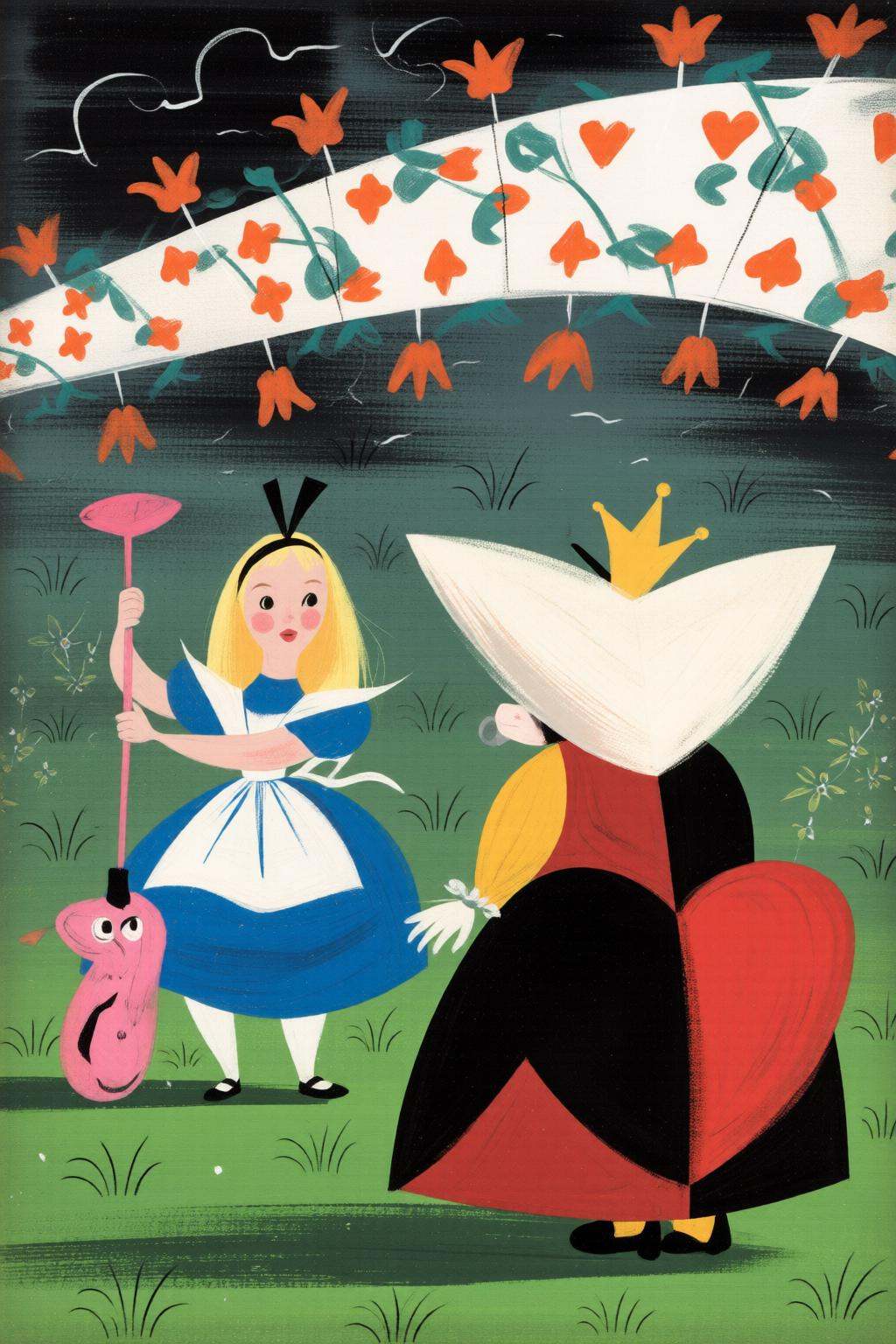 maryblair4q illustrationOn the left,  a young girl with long blonde hair in a blue dress with a white apron is holding a p...
