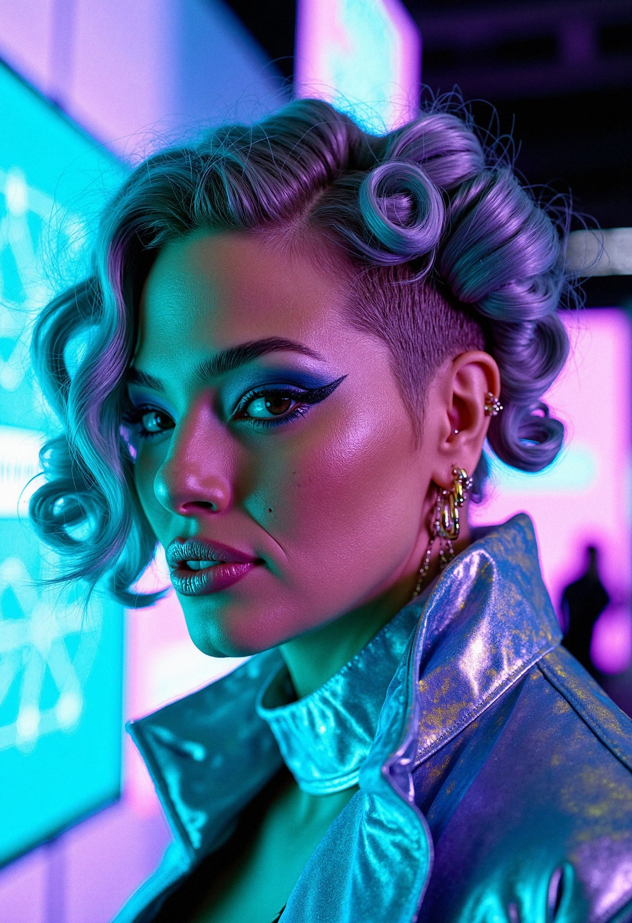 A woman at a cyberpunk tech fair,  embodying futuristic flair. Her hair is shaved on one side and styled into voluminous c...