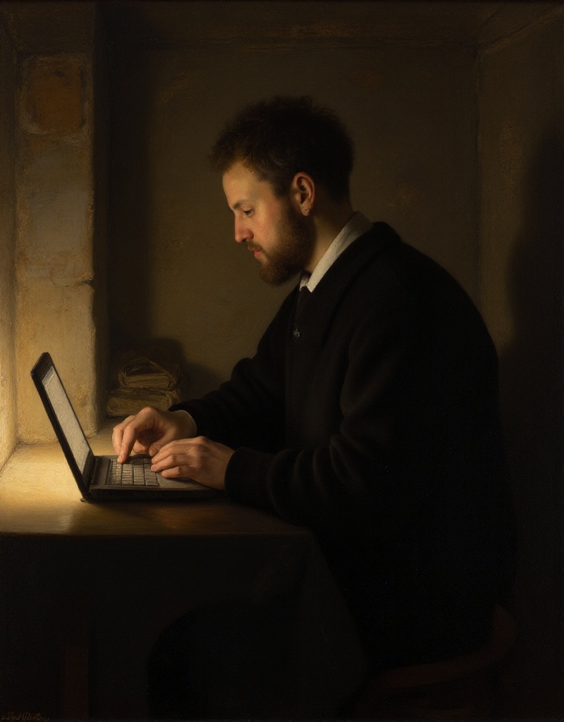 rembrandt style,  painting. a man is working on a laptop computer on Tensor.Art