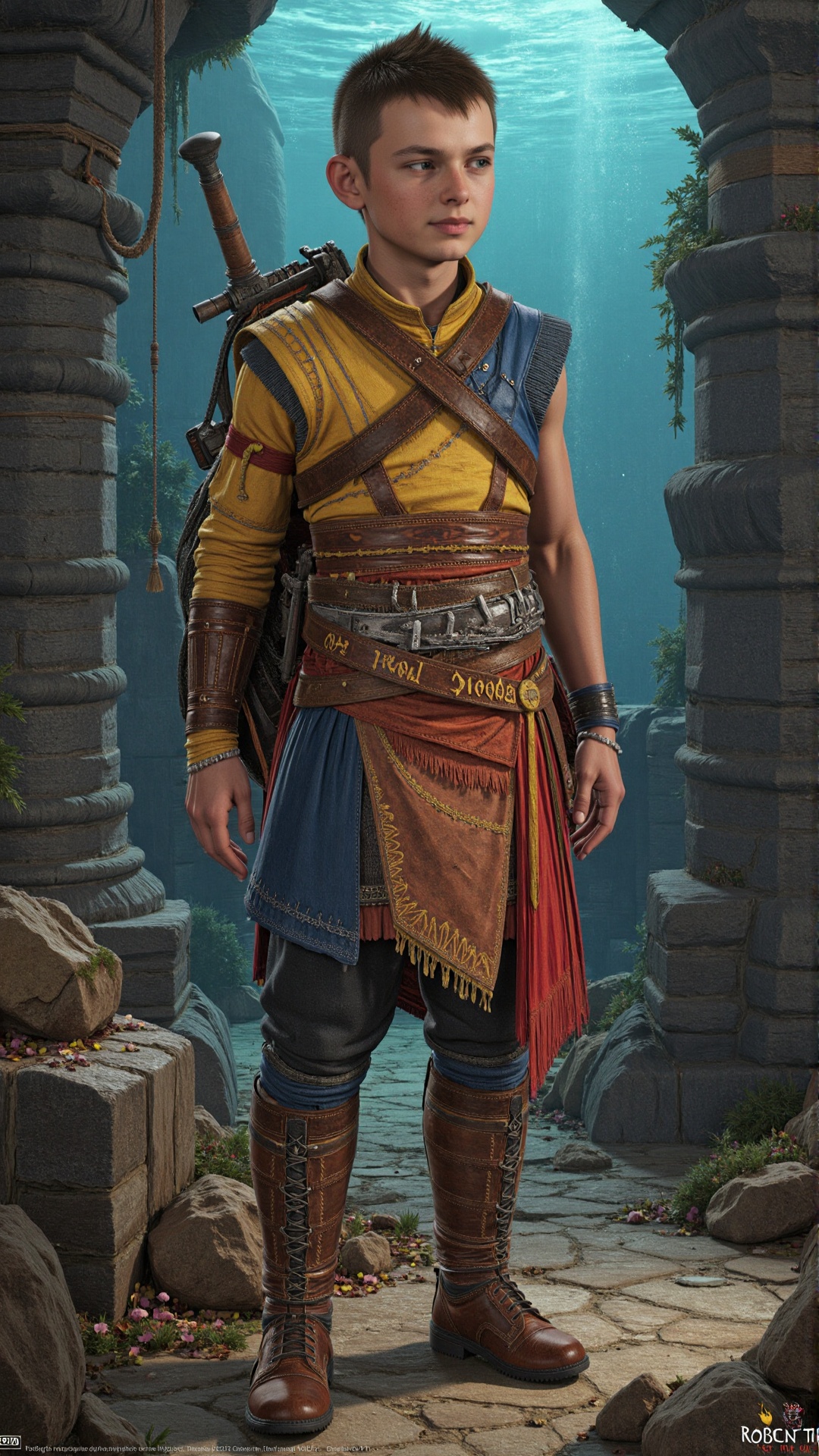 Butterfly twist 1080,  in a sunken submarine locationGoWRAtreus boy with blue eyes and short brown buzzcut. Wearing a yell...