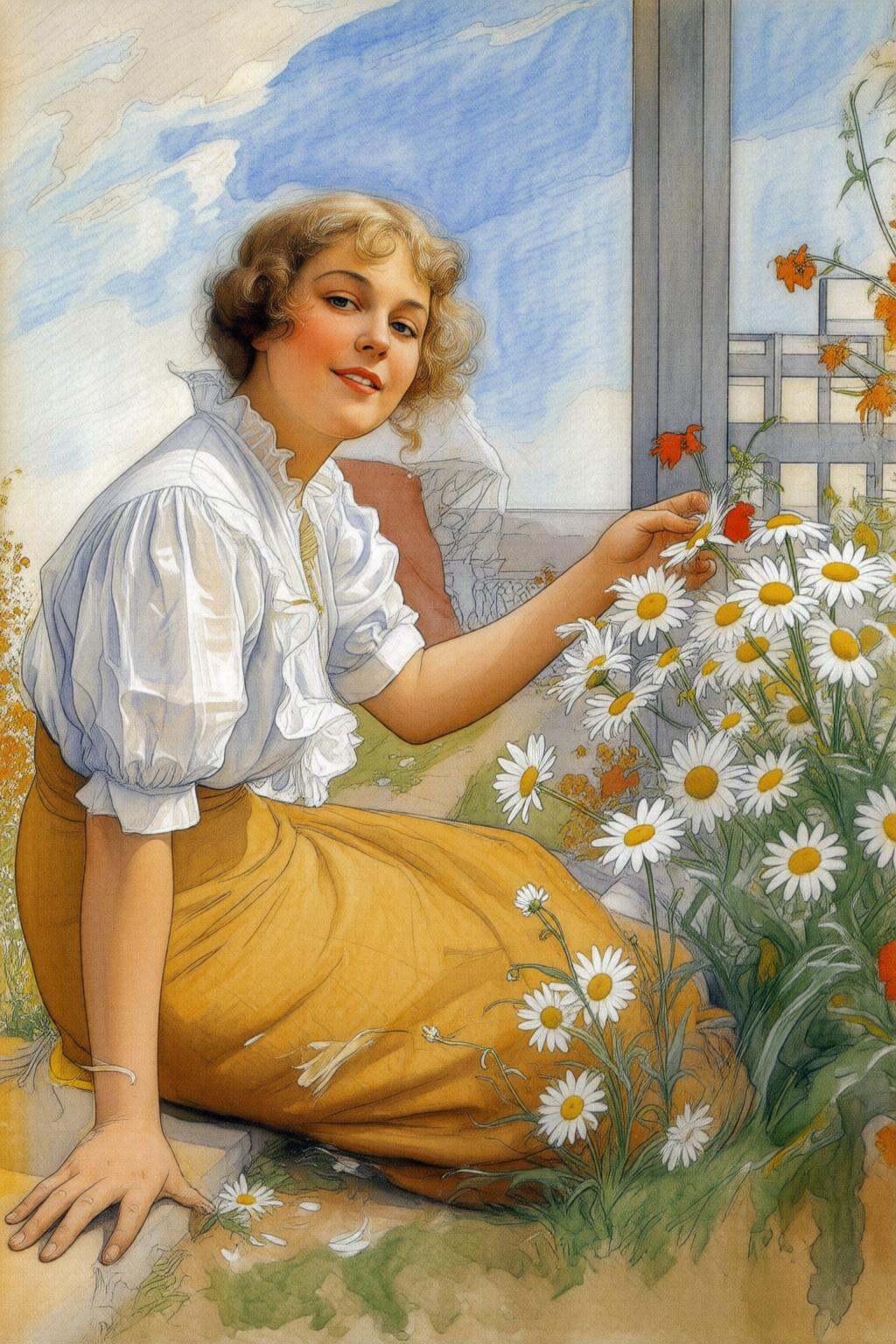 carllarsson2q painting.gilelvgren3q. A woman sitting on the ground amidst a field of white daisies. She wears a white blou...