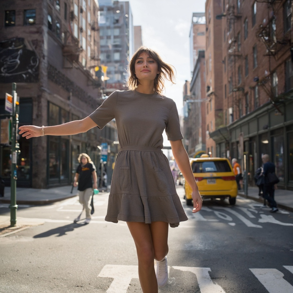 A dynamic urban street photograph captures ella_purnell mid-motion. She wears a gray dress and white sneakers,  her hair f...