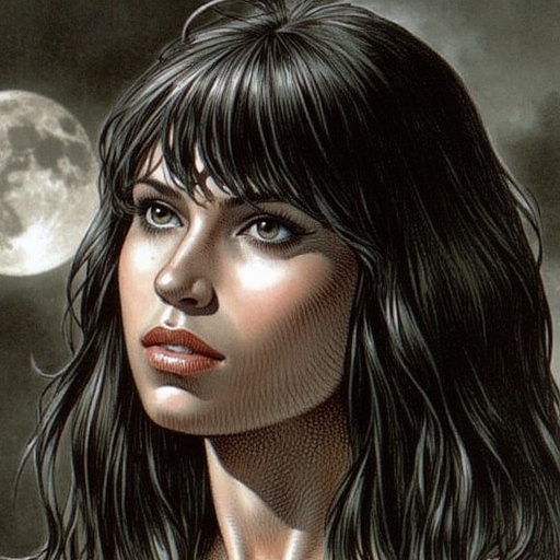a woman by serpieri,  the moon in the background on Tensor.Art