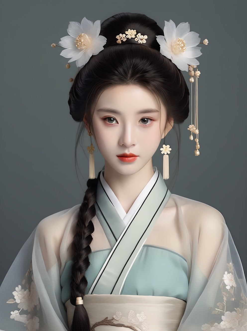 JIYE Beauty.Asian,Textured skin,skin particles,masterpiece,best quality,8K,official art,ultra high res,1girl,chinese clothes,hanfu,jewelry,hair ornament,upper body,solo,earrings,flower ocean,remains,flower,black hair,necklace,teeth,hair bun,dress,parted lips,hair flower,((full body)),dress,hanfu,embroidery,exquisite,meticulous,(tulle:1.4),